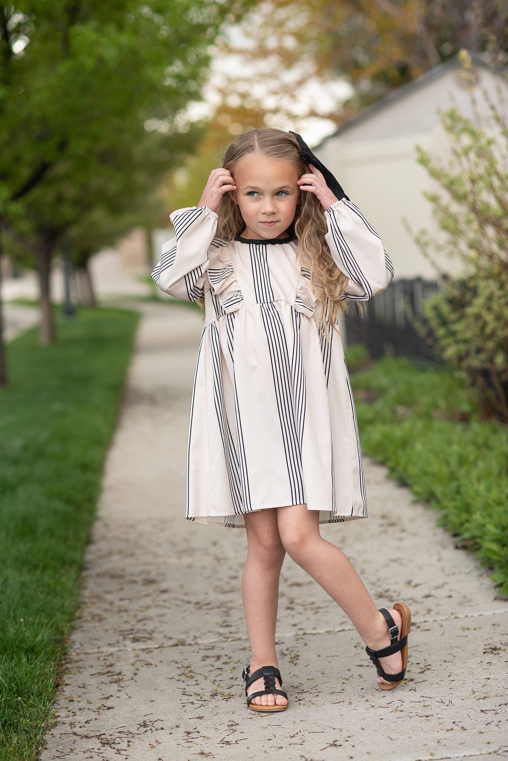 Kids Cream & Black Stripe Long Puff Sleeve Ruffle Fall Dress