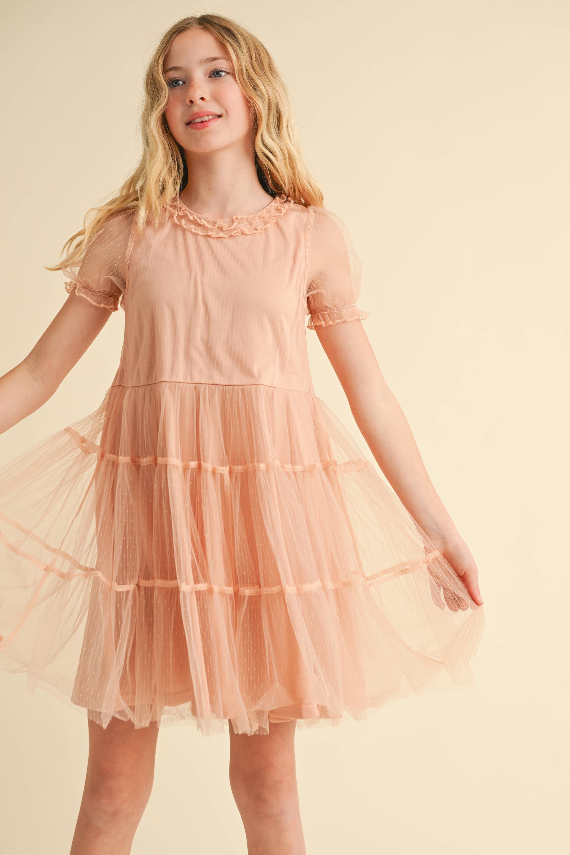 TWEEN GIRLS KIDS PUFF SLV TIERED MESH MINI DRESS (7-12)