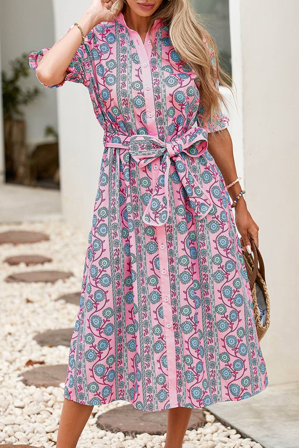 LDC Floral Shirred Puff Sleeve Buttoned Front Midi Dress