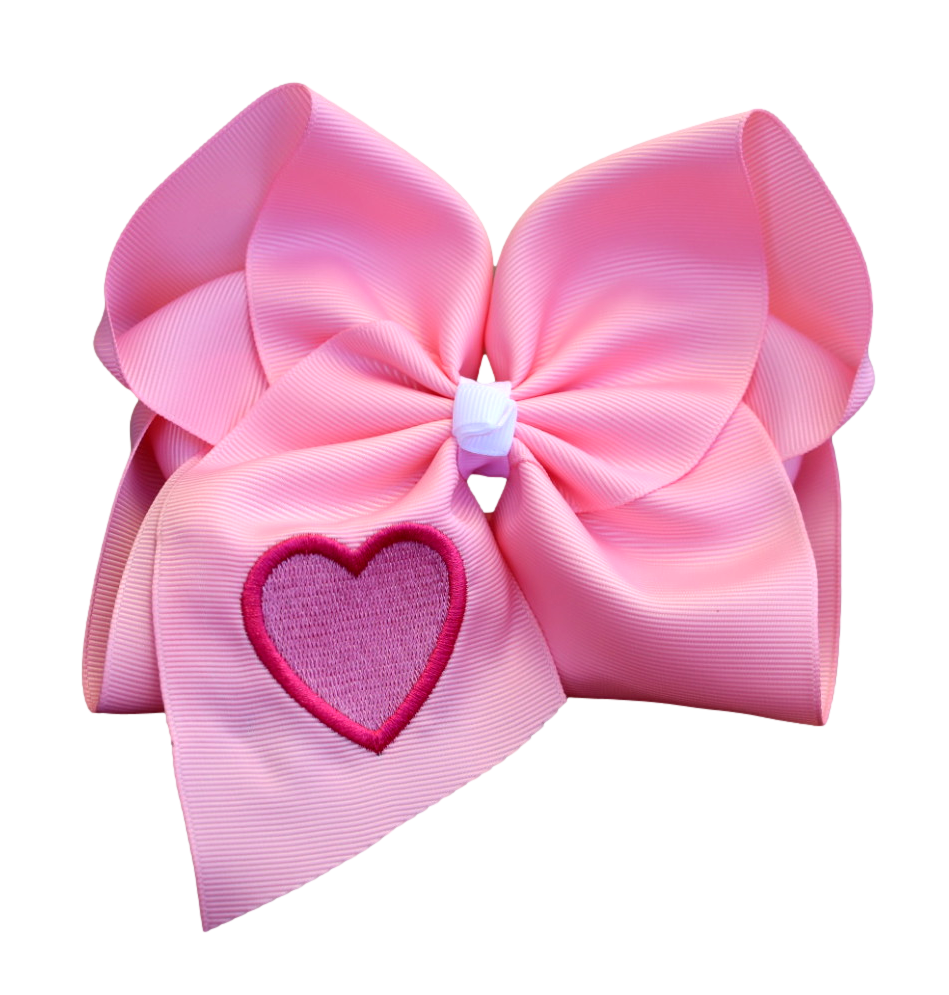 Pink Heart Embroidered Hair Bow