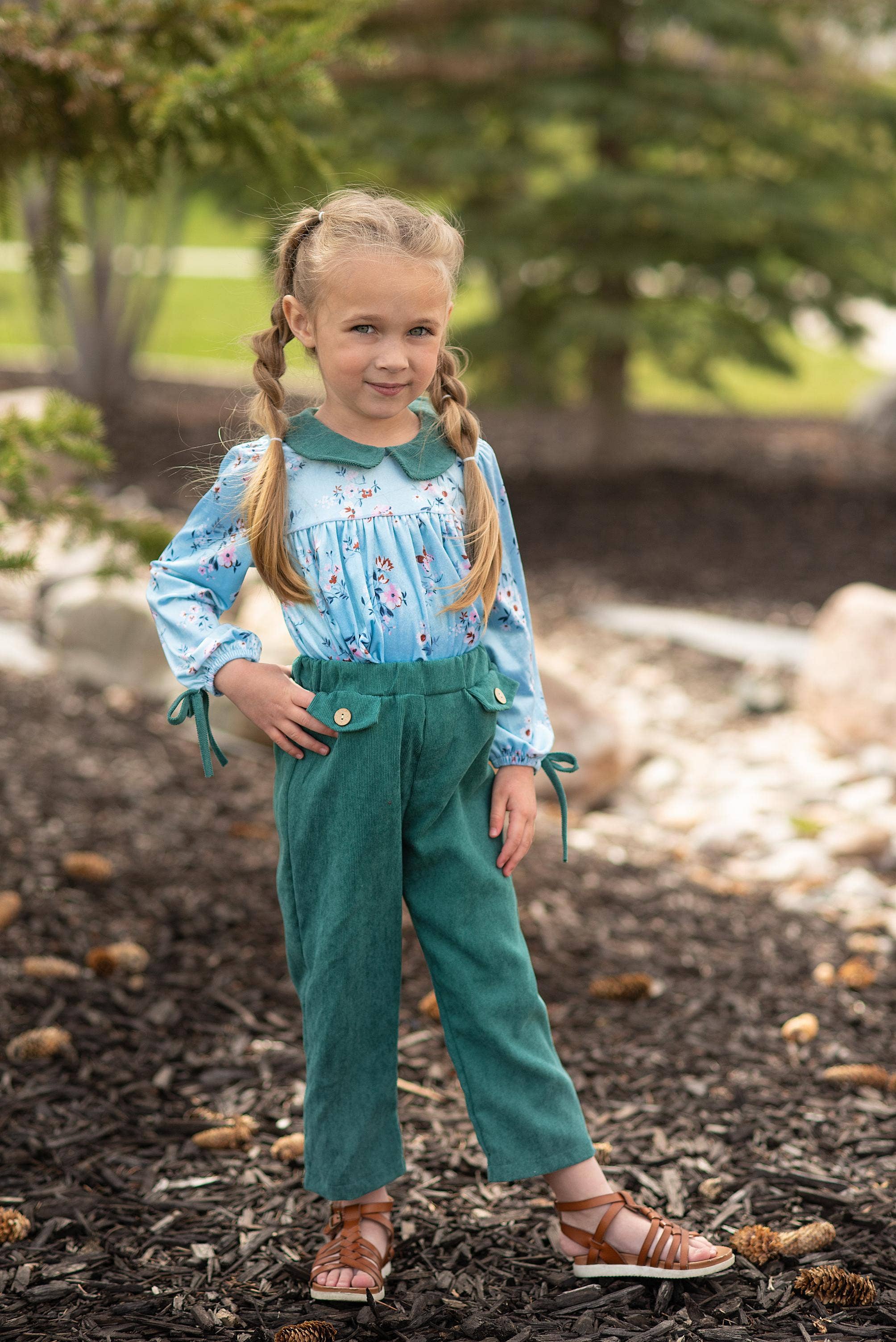 Kids Dark Teal Corduroy Pocket Bow Winter Pant Set