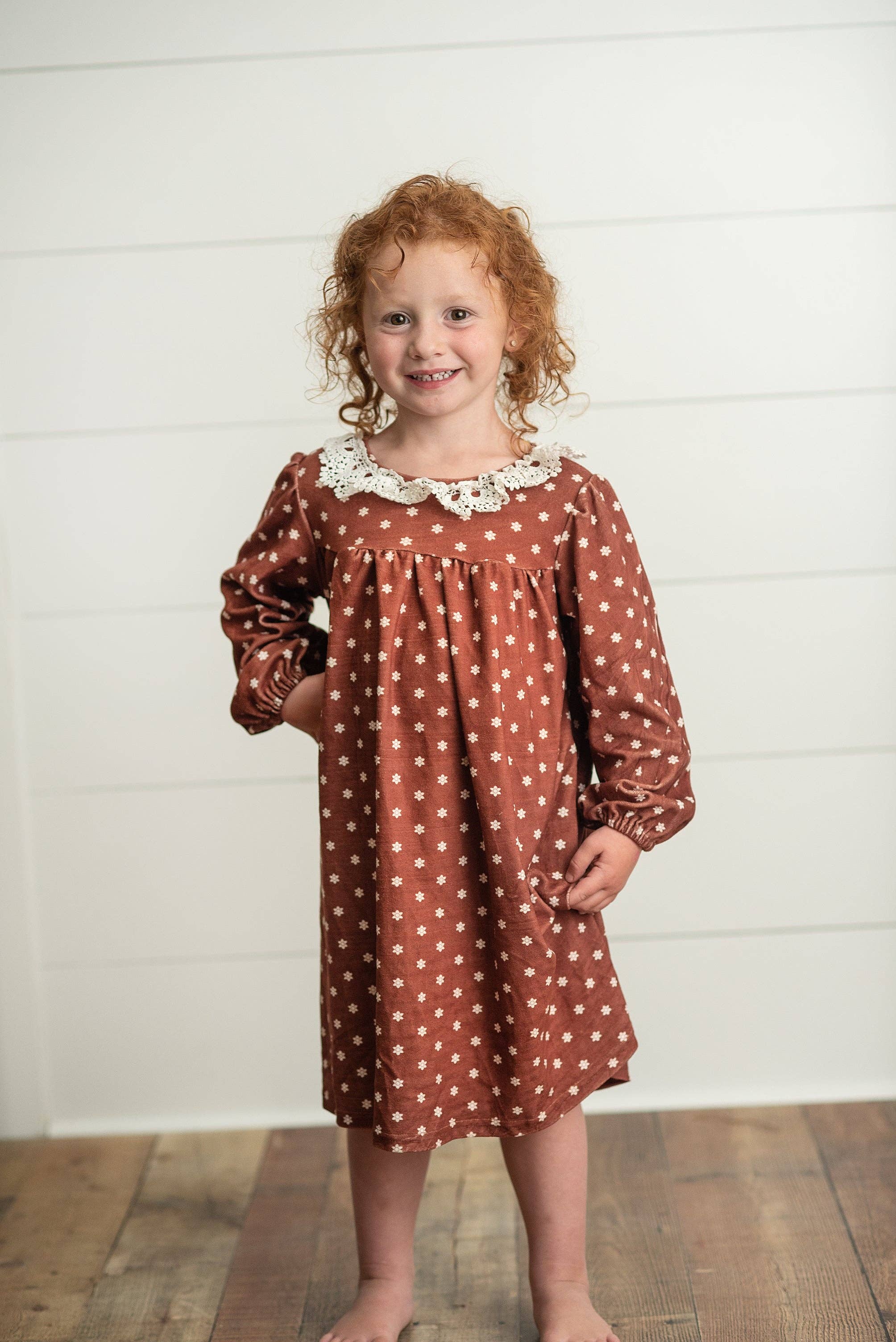 Kids Cream & Coffee Flower Velvet Lace Collar Fall Dress