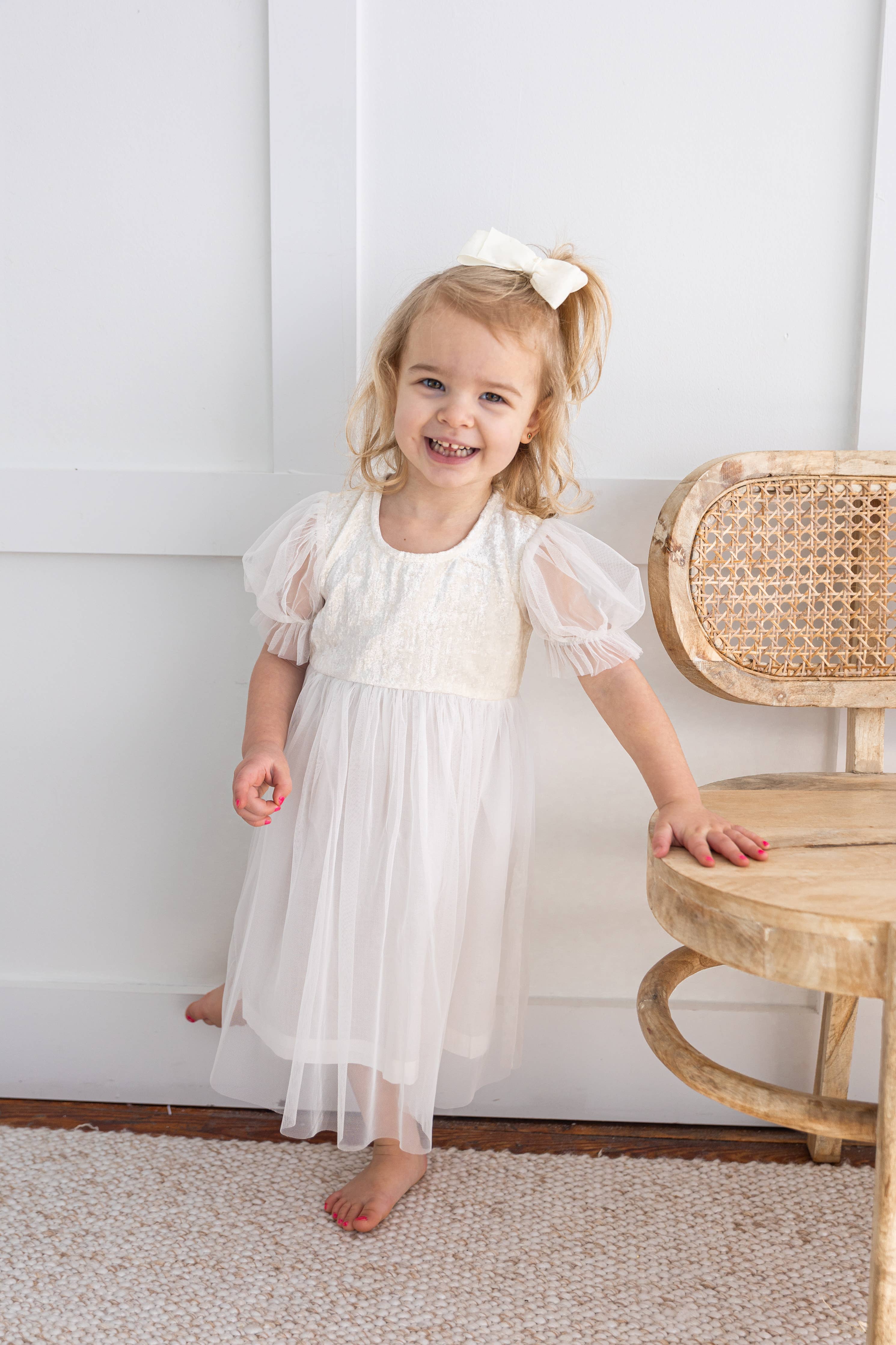 White Tulle & Velvet Puff Sleeves Gathered Dress : Infant : Baby : Toddler : Tween : Kids