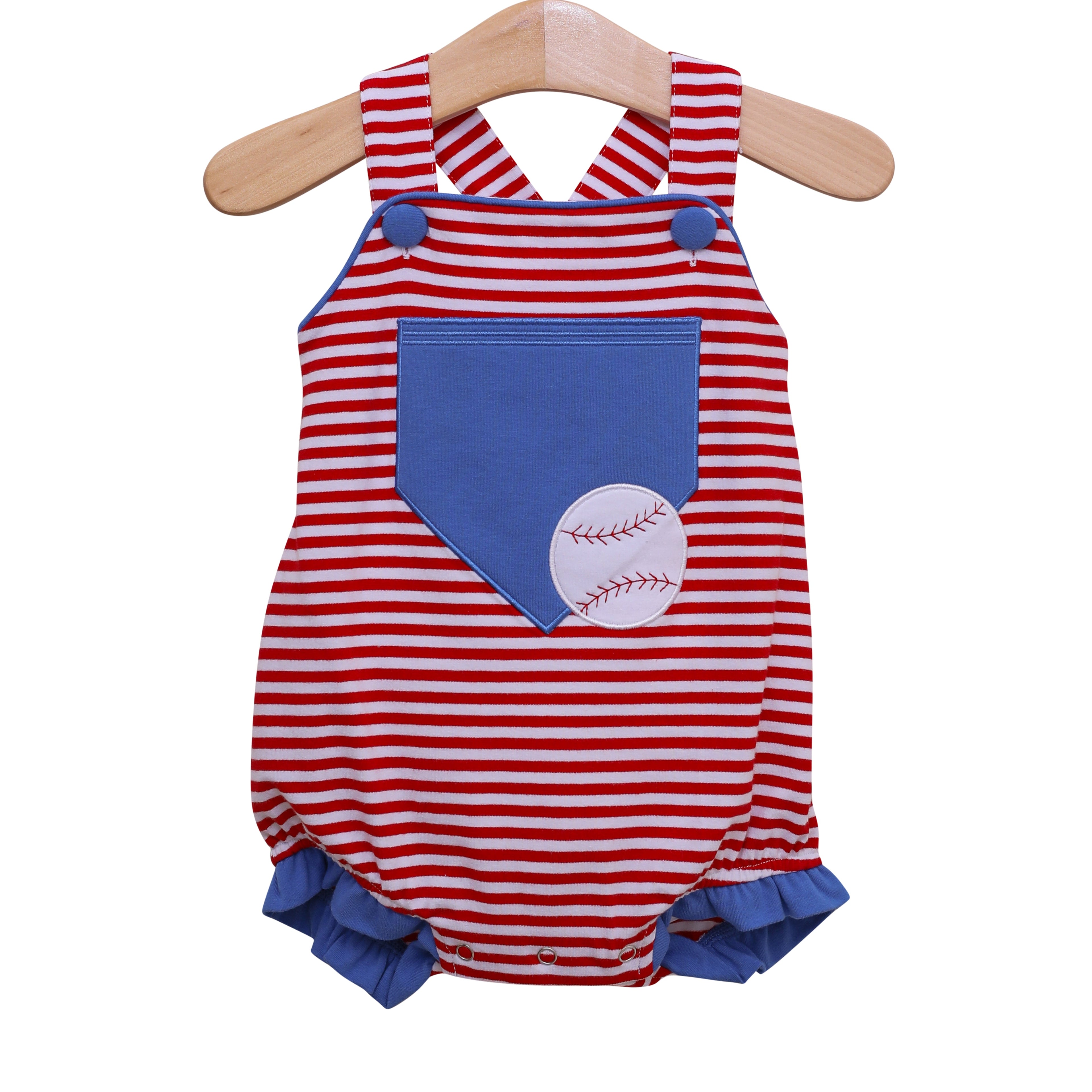 Baseball Pocket Ruffle Sunsuit by Trotter Street