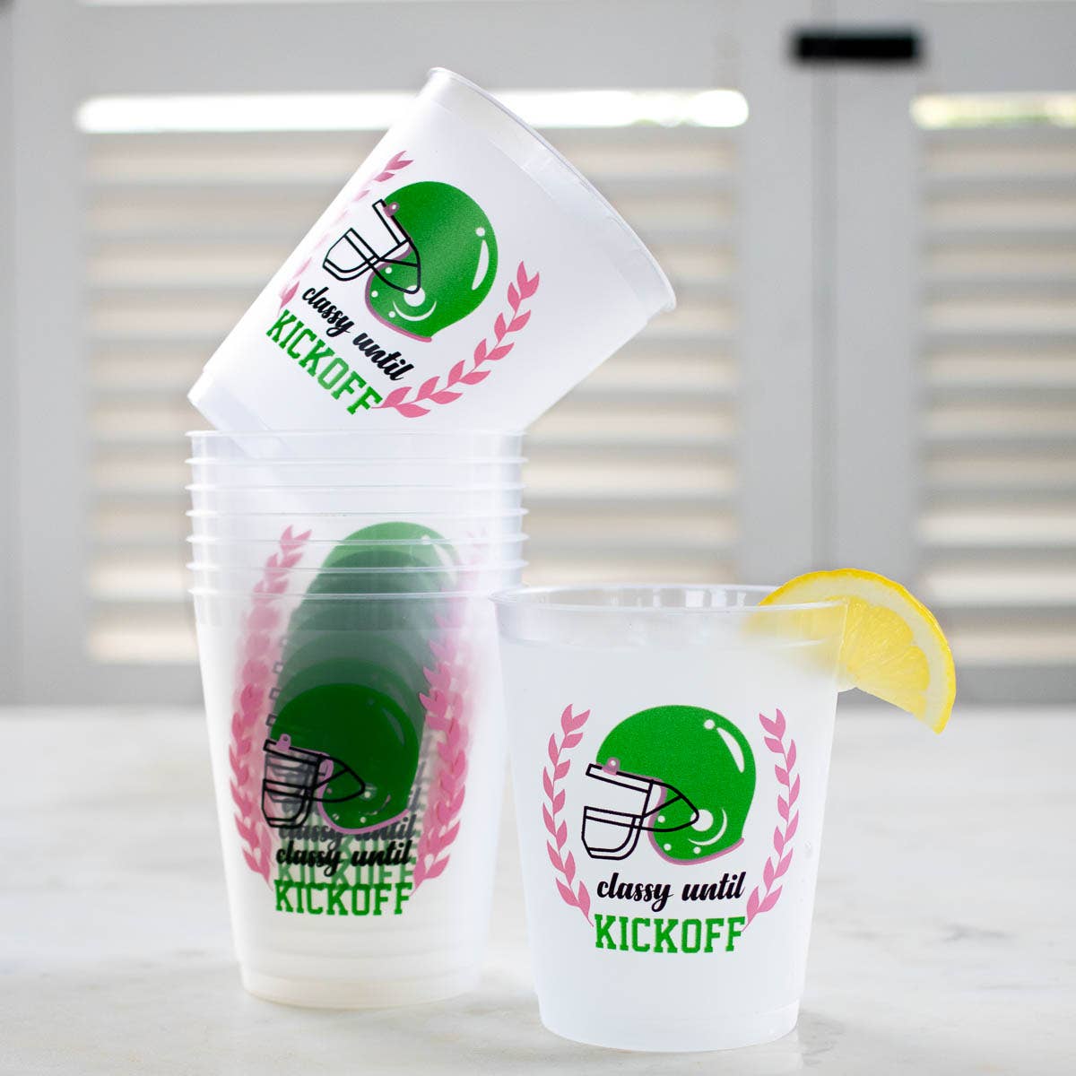 Classy Until Kickoff Party Cups   Frosted/Pink/Green   16oz   Set of 10