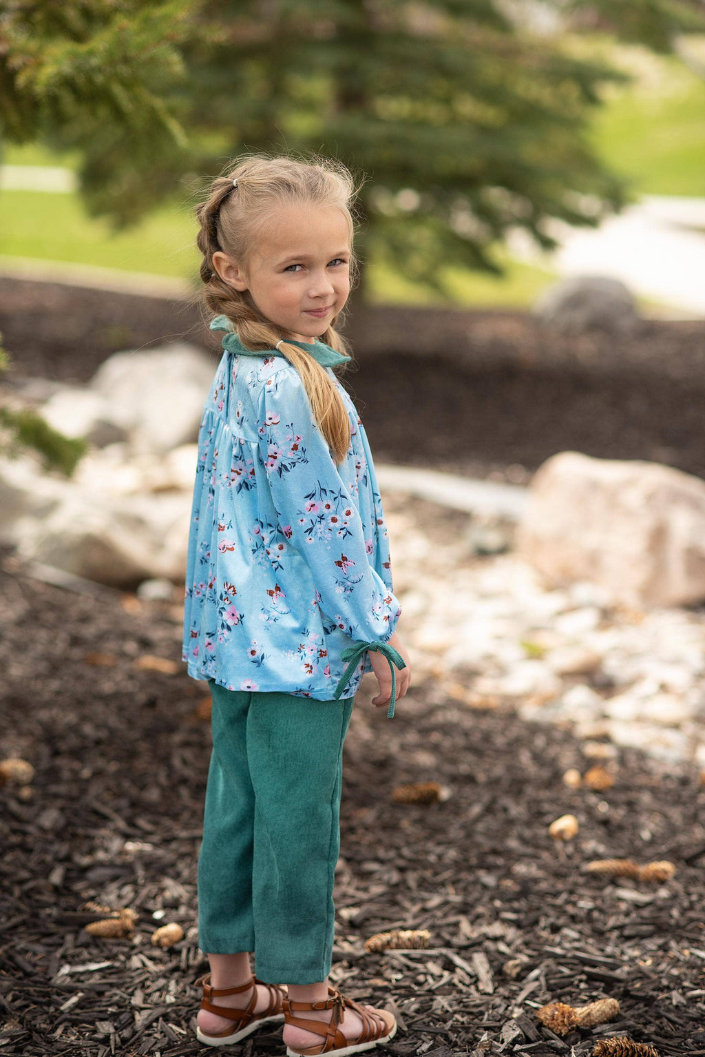 Kids Dark Teal Corduroy Pocket Bow Winter Pant Set