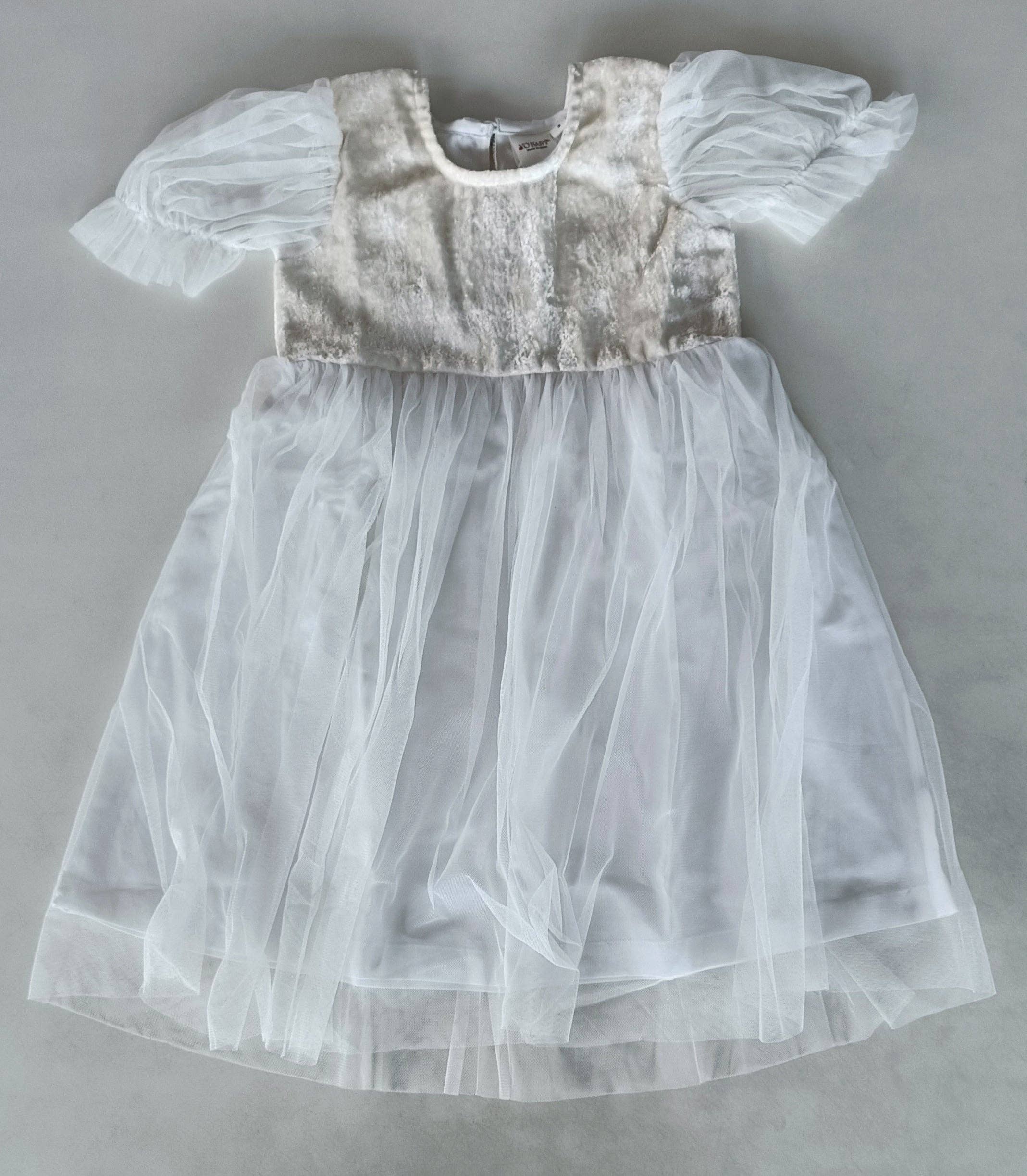 White Tulle & Velvet Puff Sleeves Gathered Dress : Infant : Baby : Toddler : Tween : Kids