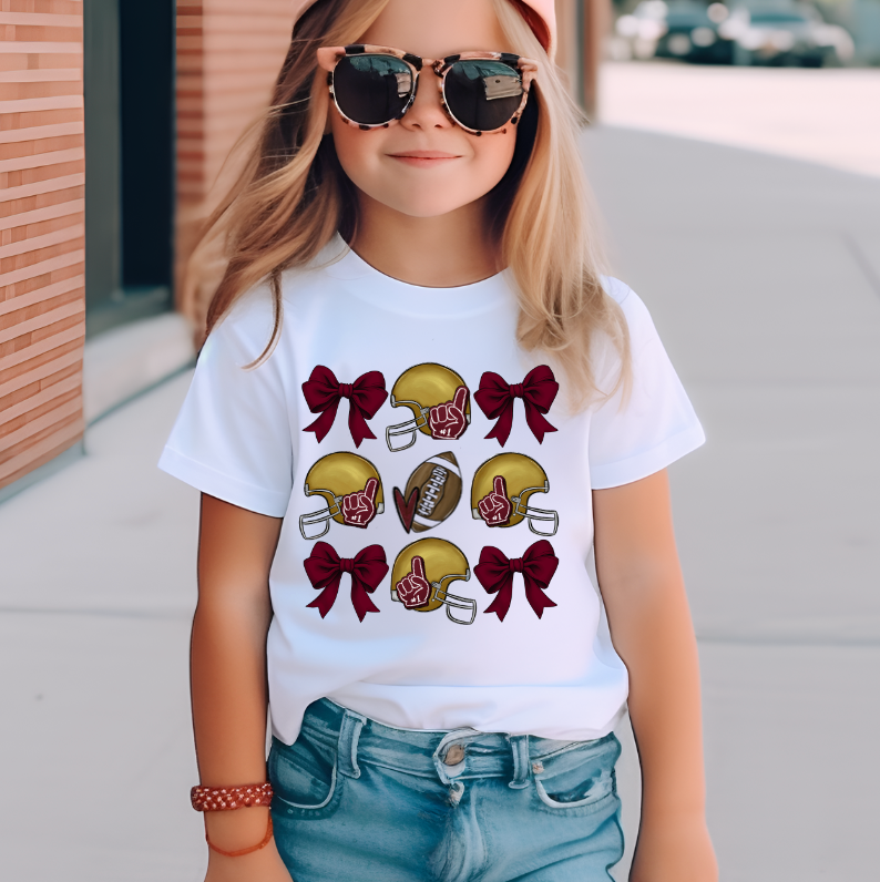 Garnett and Gold Football Bow Kids Game Day T-Shirt
