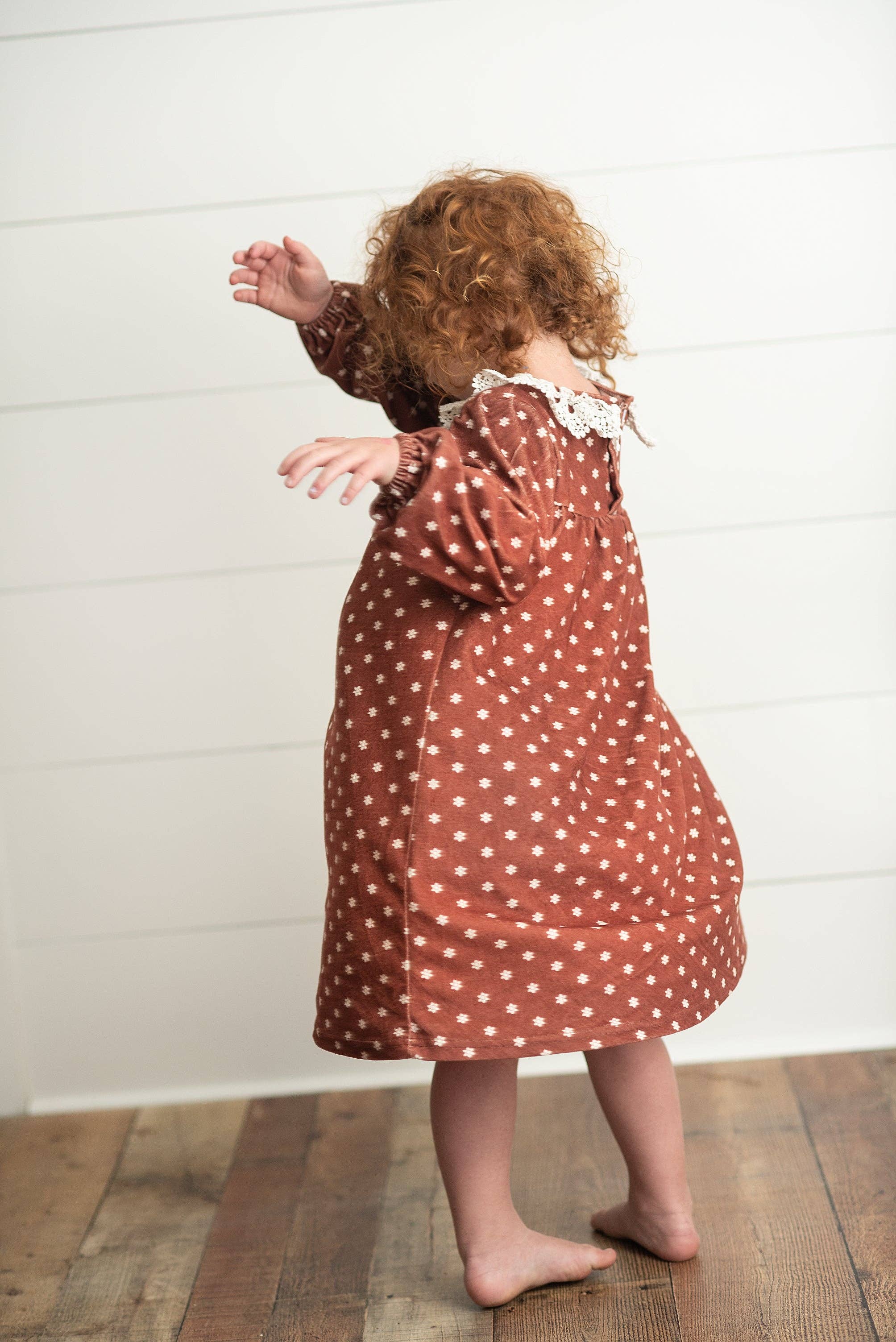Kids Cream & Coffee Flower Velvet Lace Collar Fall Dress