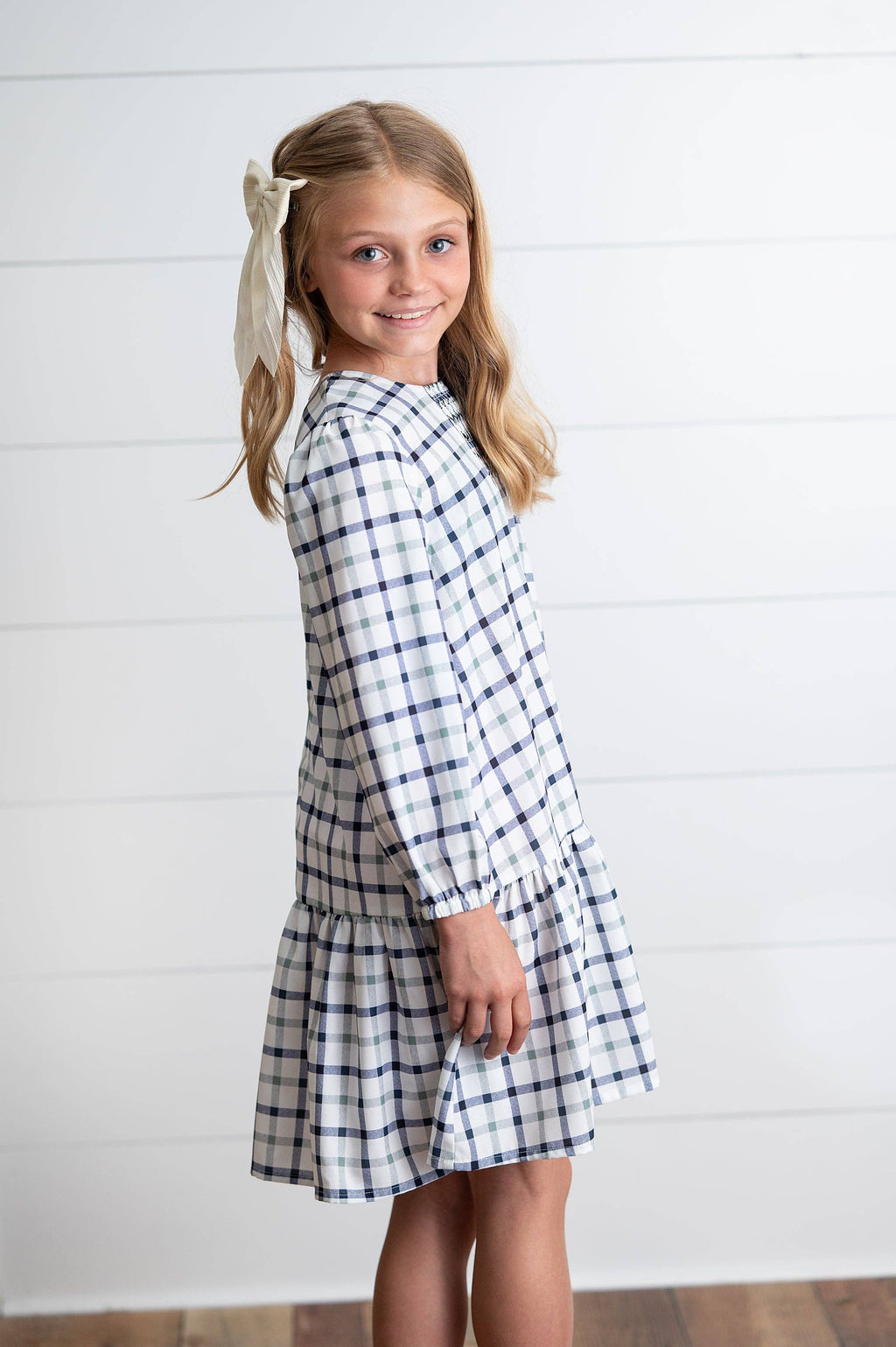 Girls Navy & White Plaid Smocked Ruffle Fall Winter Dress