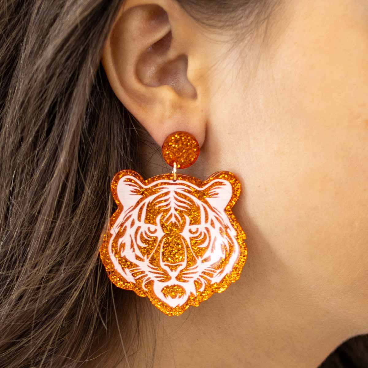Tiger Acetate Earrings   Orange/White   2"