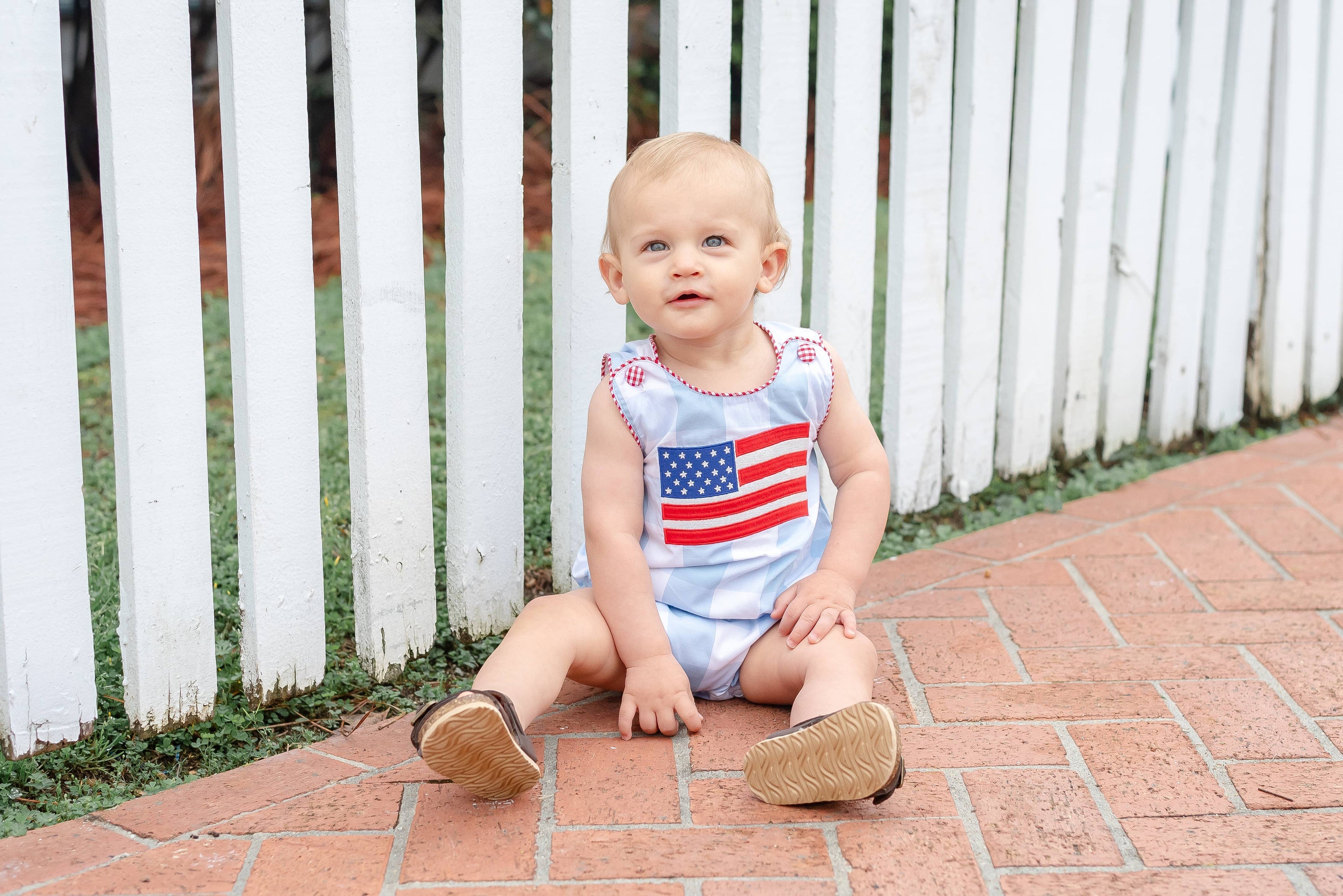 Light Blue Gingham USA American Flag Romper