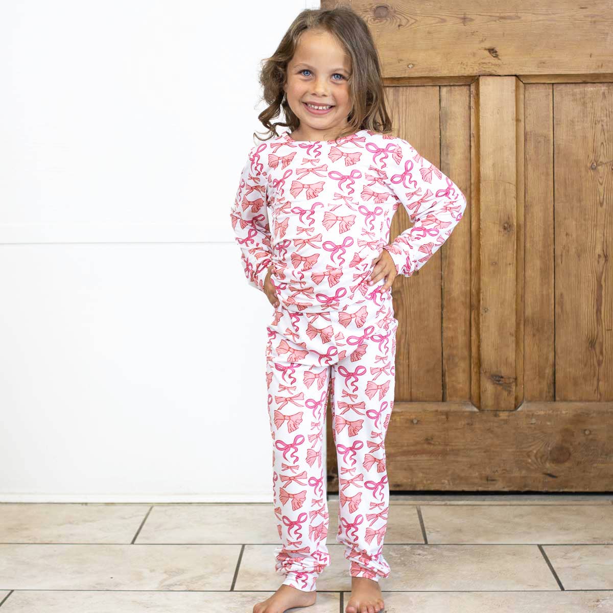 Kid's Sutton Bow Long Sleeve Pajamas   White/Pink   -Asst.