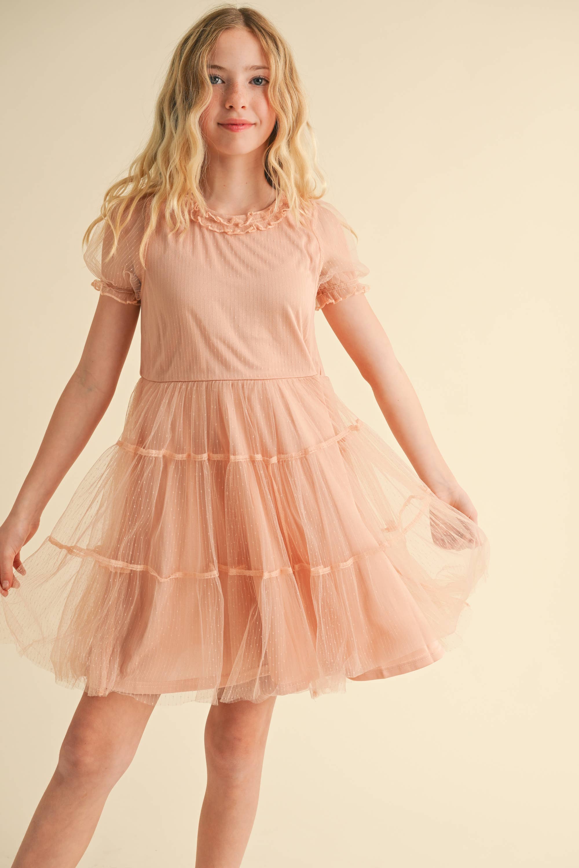 TWEEN GIRLS KIDS PUFF SLV TIERED MESH MINI DRESS (7-12)