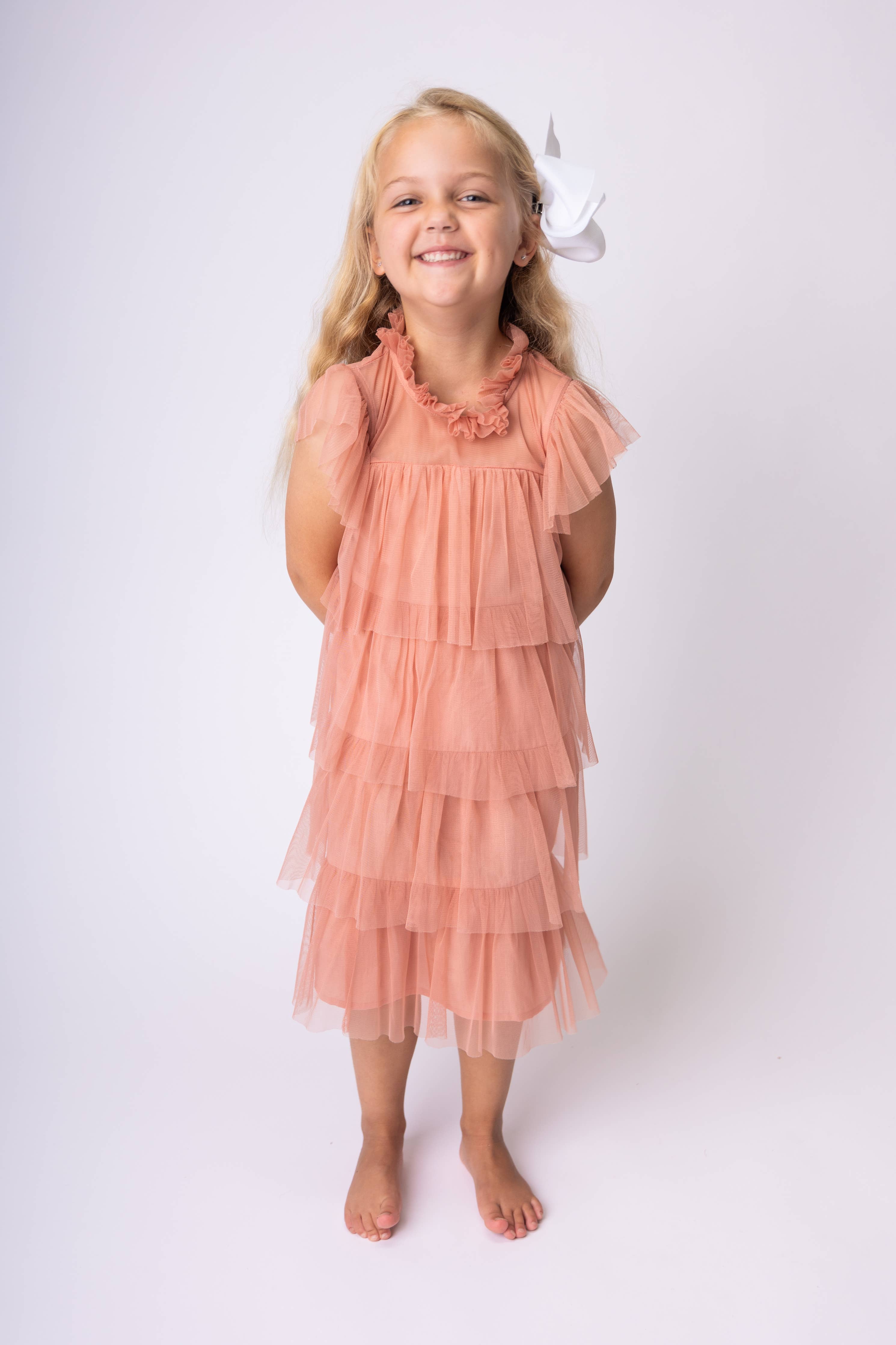 Dark Pink Tulle Solid Color Neck & Sleeve Ruffled Tiered Dre : Infant : Baby : Toddler : Tween : Kids