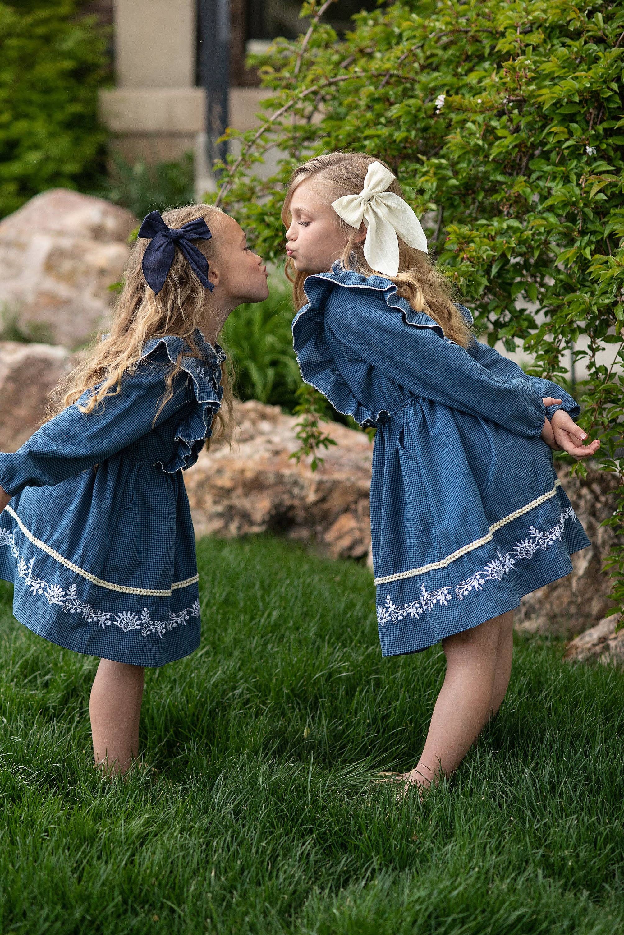Kids Blue Check Embroidered Ruffle Long Sleeve Fall Dress