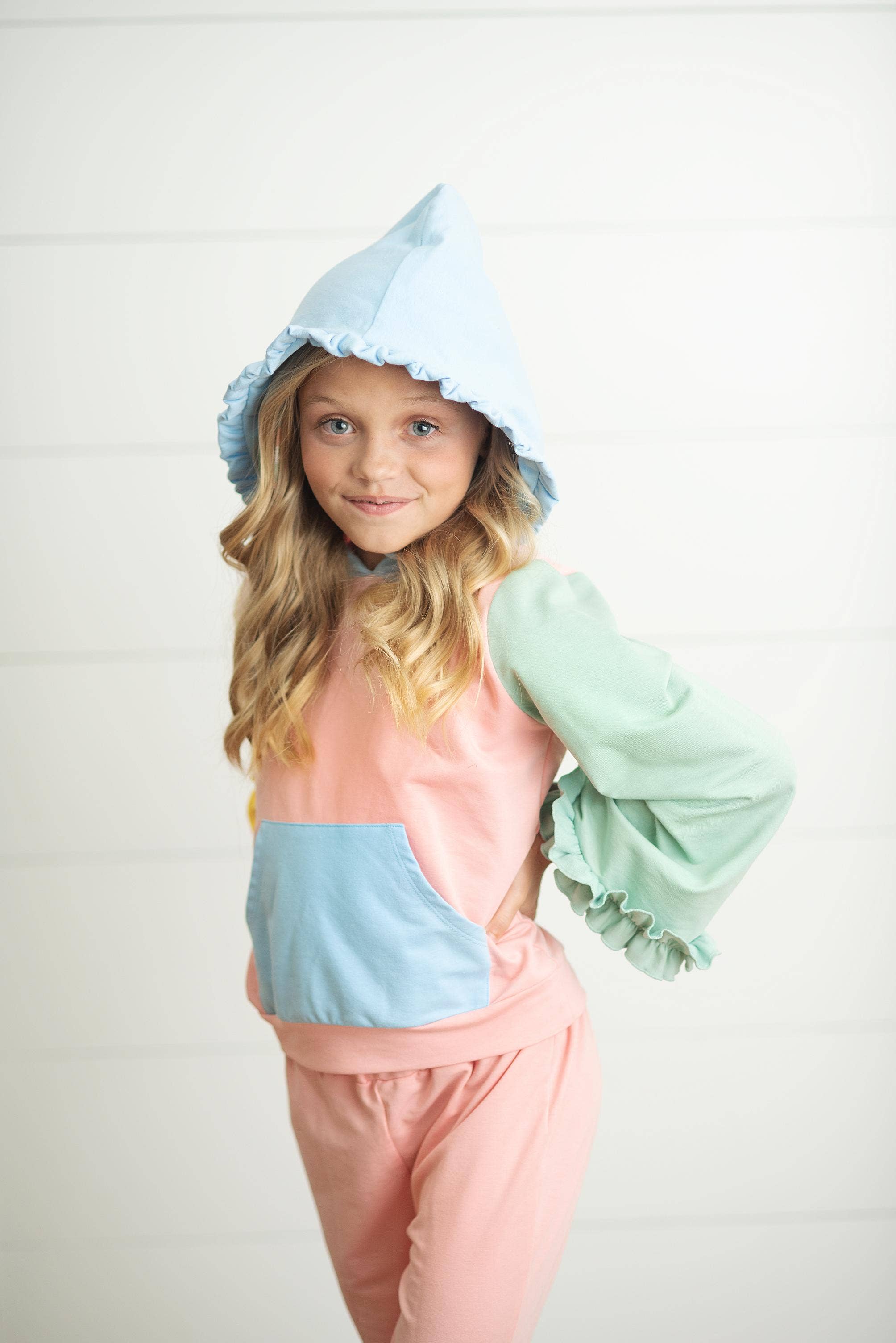 Kids Pastel Color Block Hooded Ruffle Pocket Fall Lounge Set