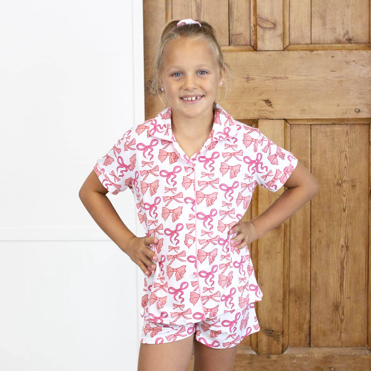 Girl's Sutton Bow Sleep Short Set   White/Pink   -Asst.