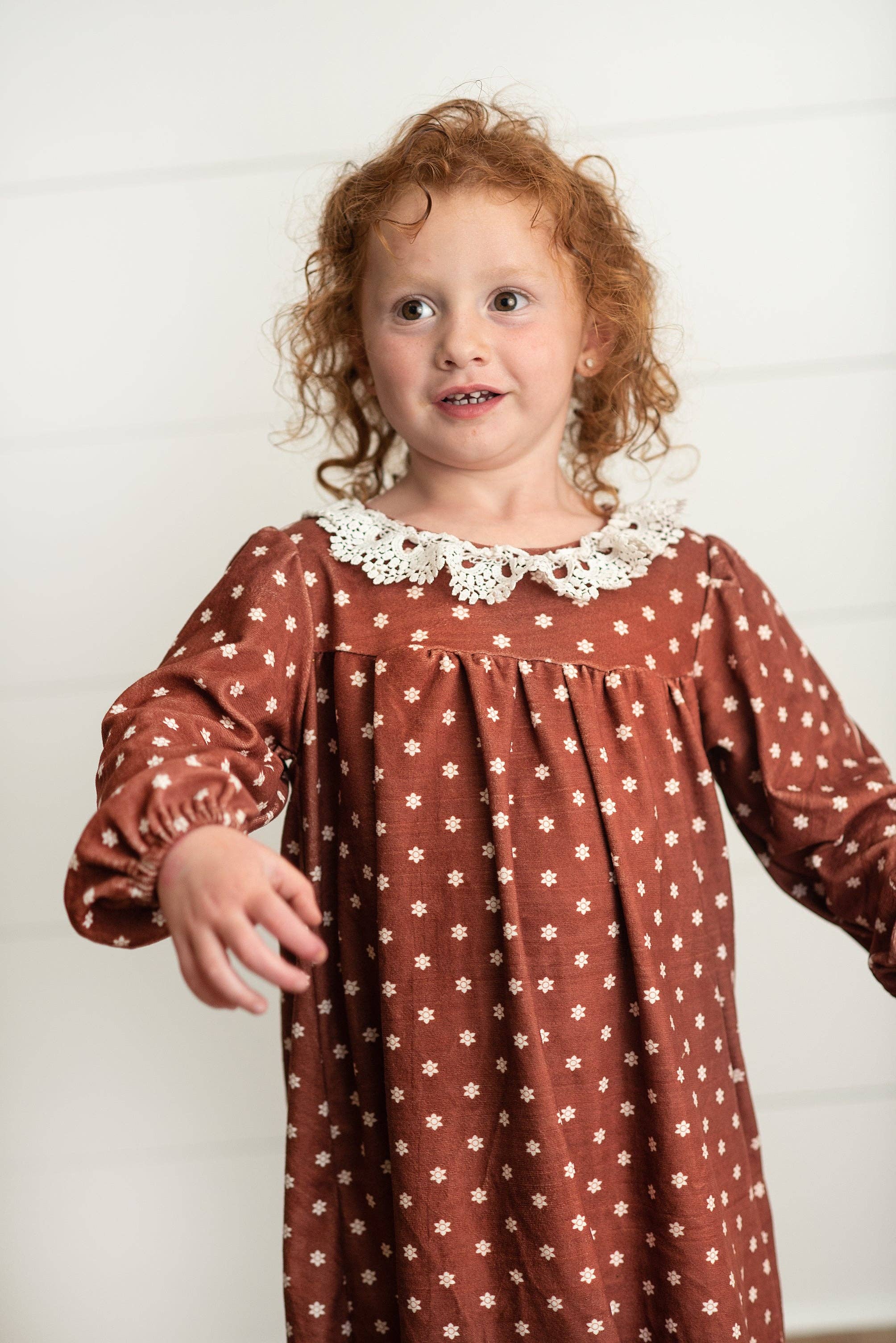 Kids Cream & Coffee Flower Velvet Lace Collar Fall Dress