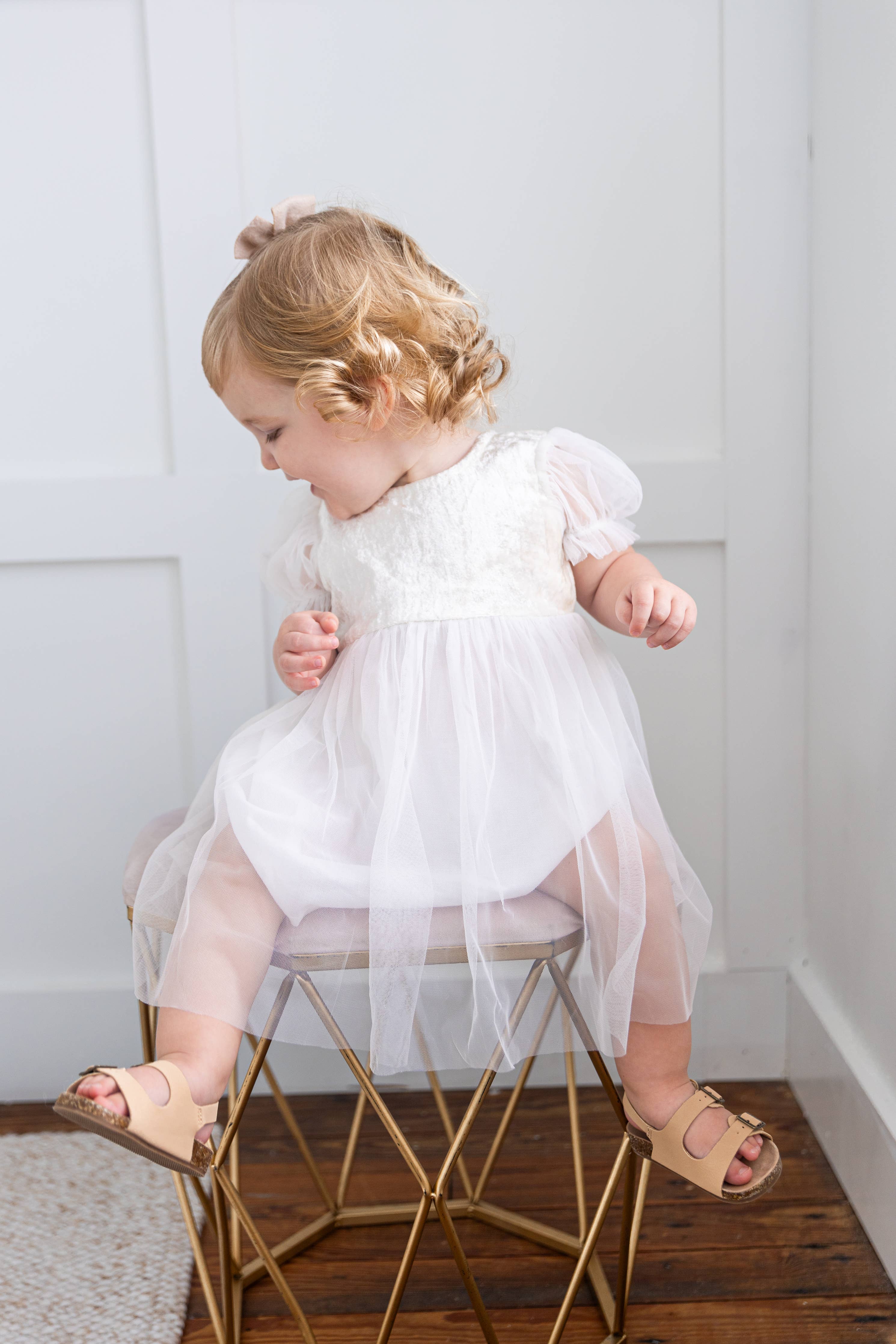 White Tulle & Velvet Puff Sleeves Gathered Dress : Infant : Baby : Toddler : Tween : Kids