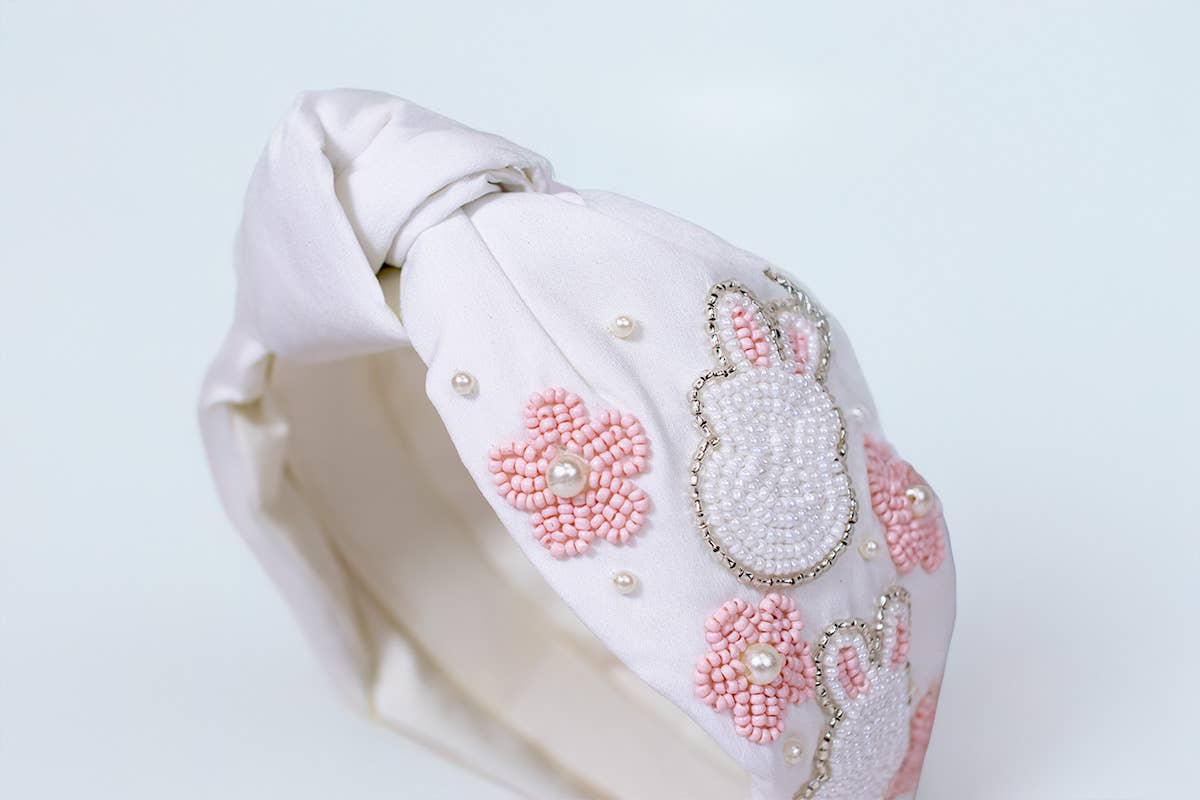Be Hoppy Beaded Headband   Pink/Pearl/White   5"