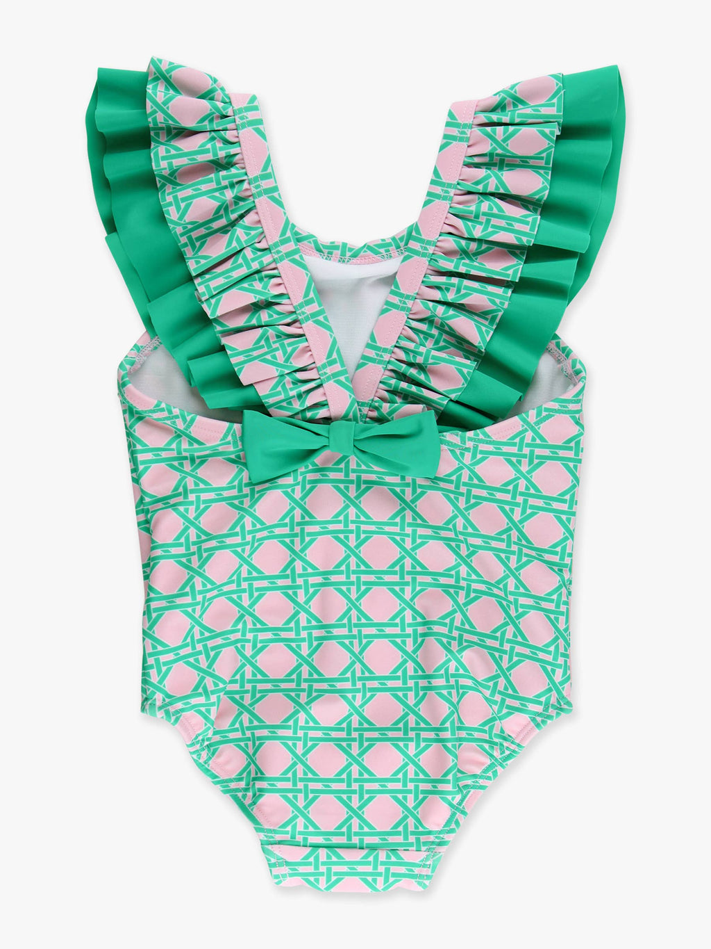 Girls Pink Coastal Cane Bow V-Back One Piece Swimsuit