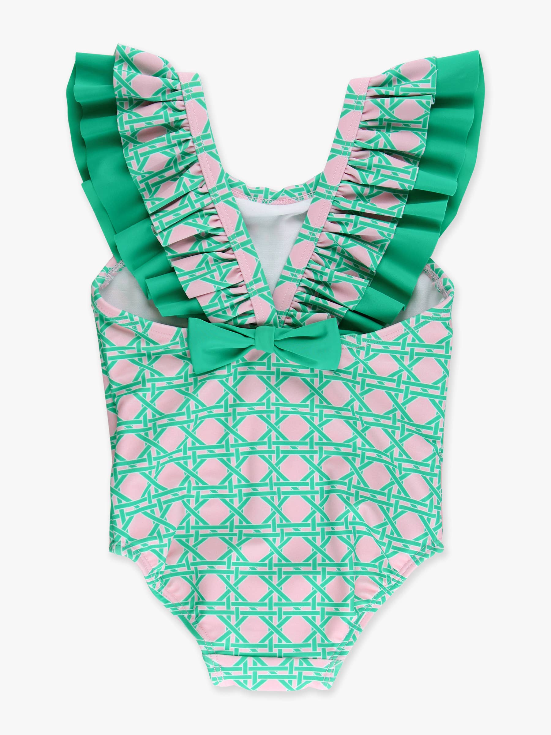 Girls Pink Coastal Cane Bow V-Back One Piece Swimsuit