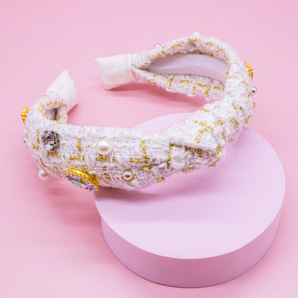 Embellished Knot Headband - Tweed Rhinestone Pearl