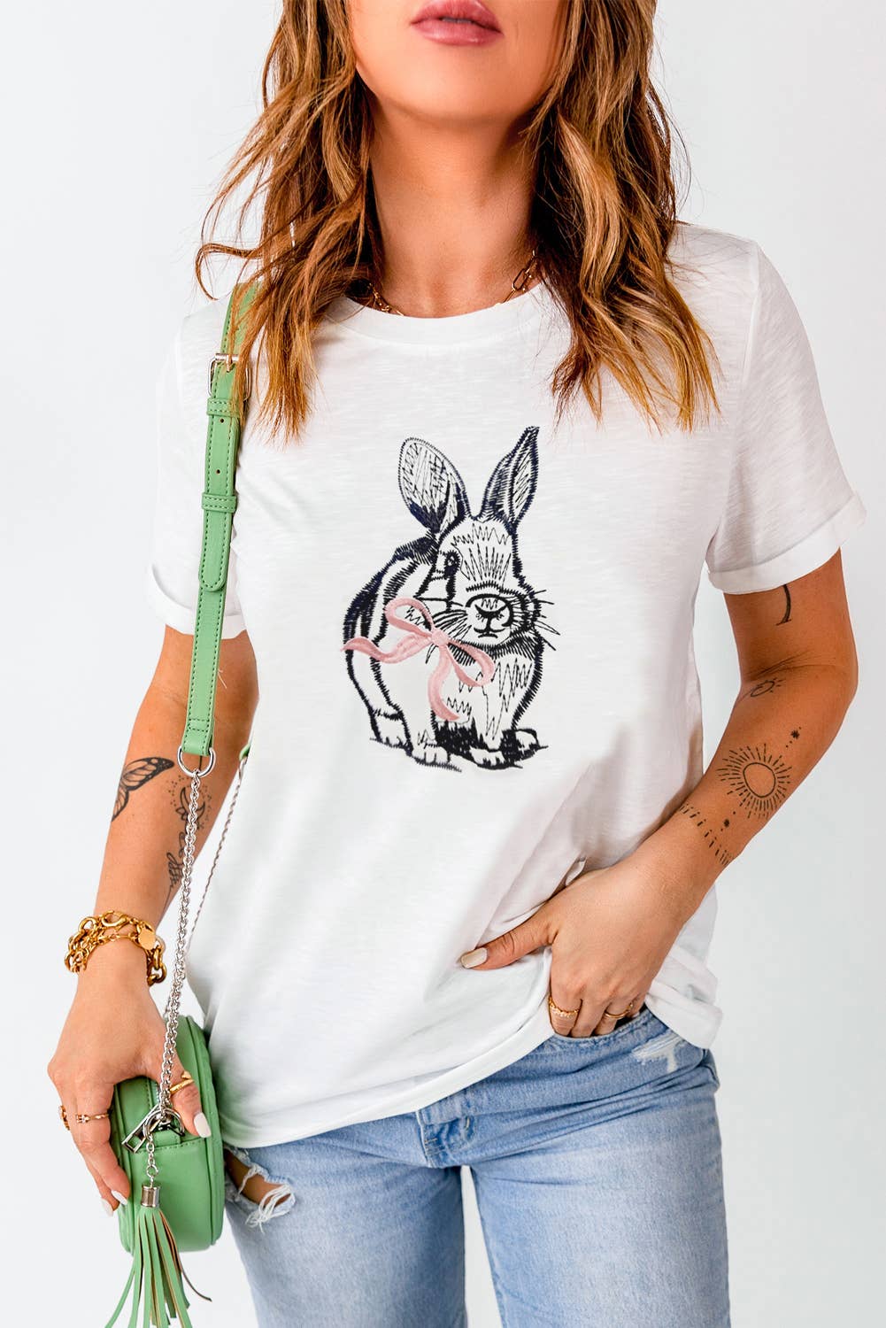 LDC Easter Bunny Embroidered Bow Graphic Tee