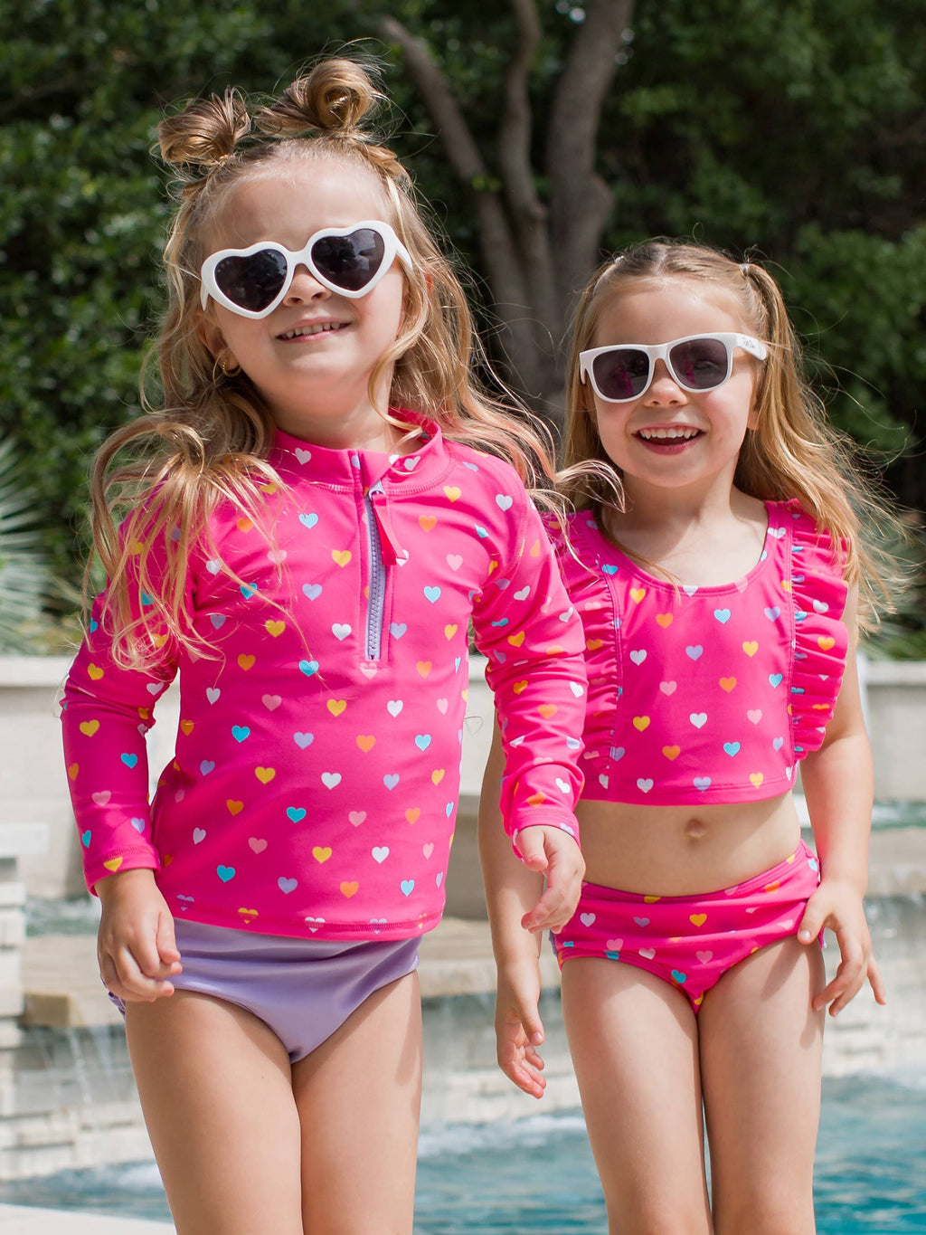 Girls Colorful Hearts Long Sleeve Zipper Rash Guard 2-Piece Swimsuit with Signature Rear Ruffles