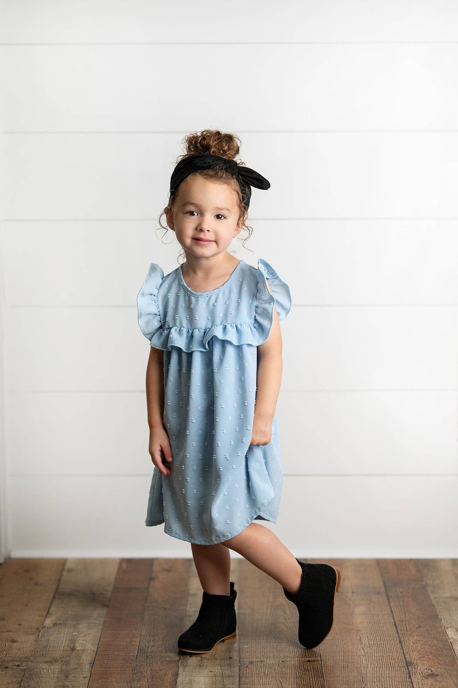 Girls Dusty Blue Ruffle Bib Swiss Dot Spring Summer Dress