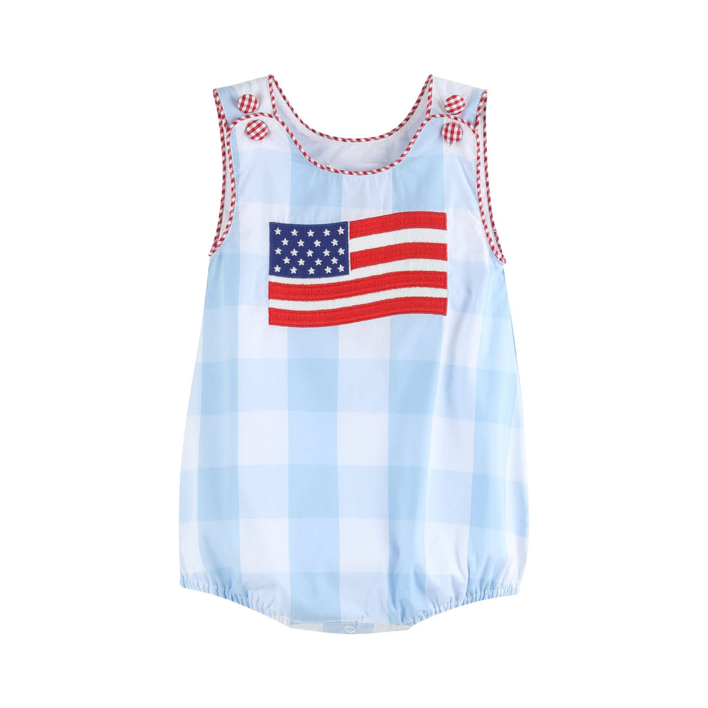 Light Blue Gingham USA American Flag Romper