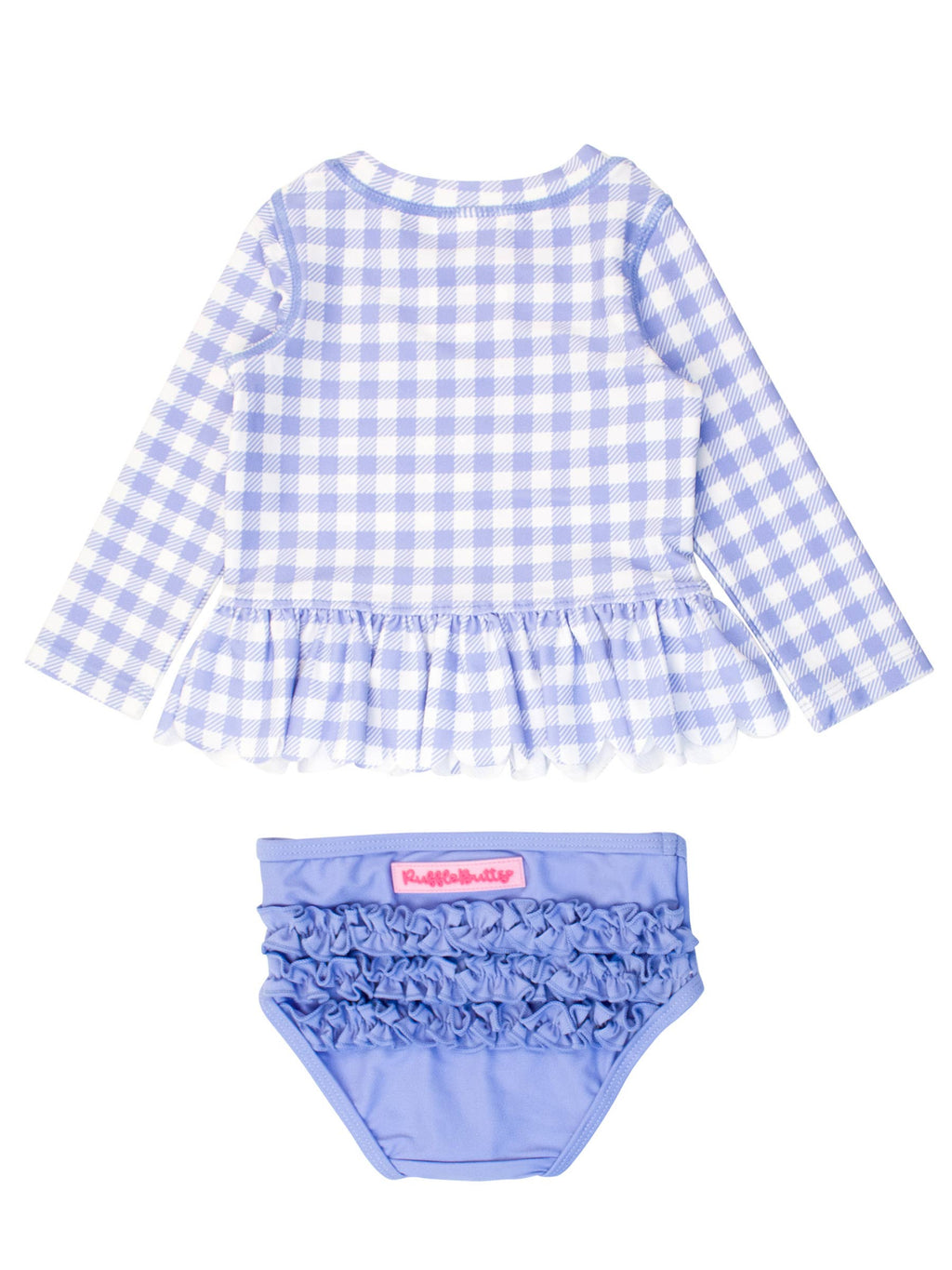 Girls Periwinkle Blue Gingham Scallop Hem Long Sleeve Rash Guard 2-Piece Swimsuit with Signature Rear Ruffles