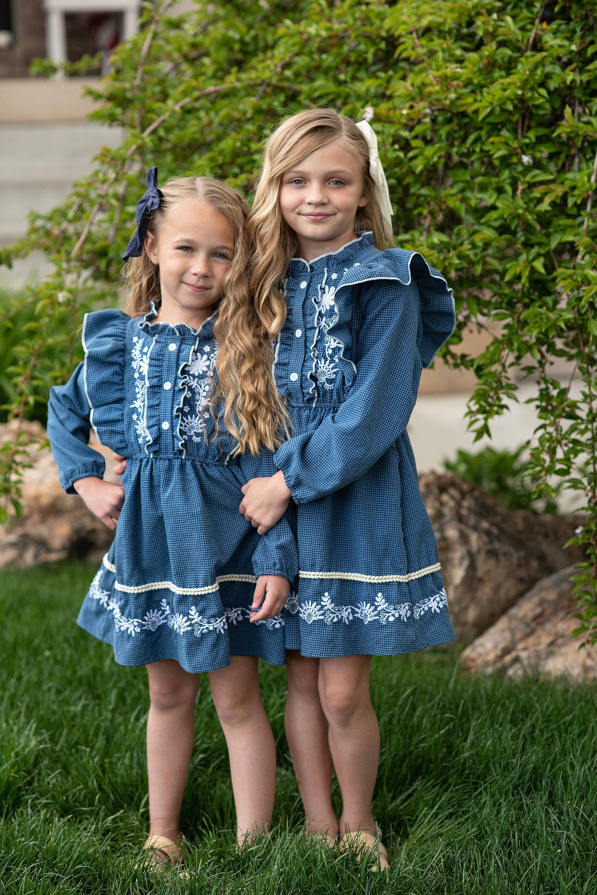 Kids Blue Check Embroidered Ruffle Long Sleeve Fall Dress