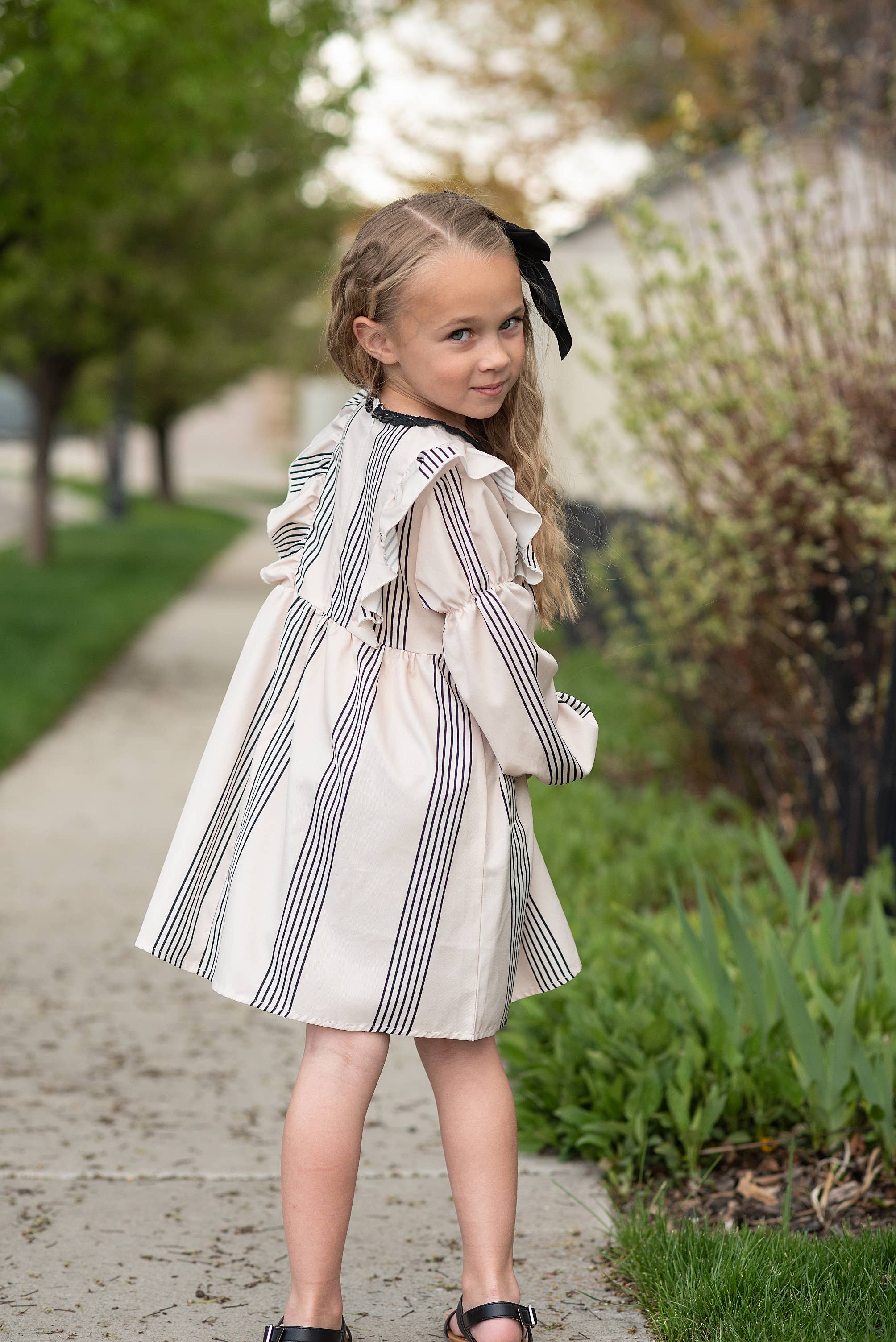 Kids Cream & Black Stripe Long Puff Sleeve Ruffle Fall Dress