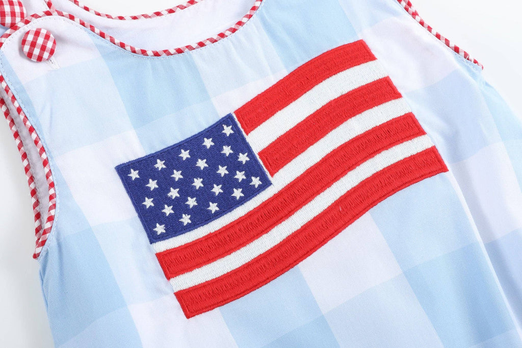 Light Blue Gingham USA American Flag Romper