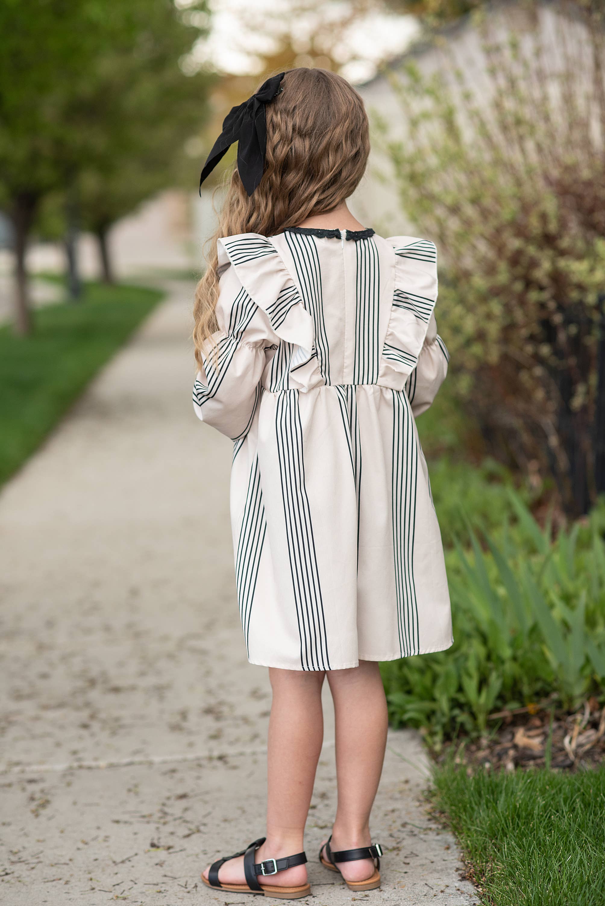 Kids Cream & Black Stripe Long Puff Sleeve Ruffle Fall Dress