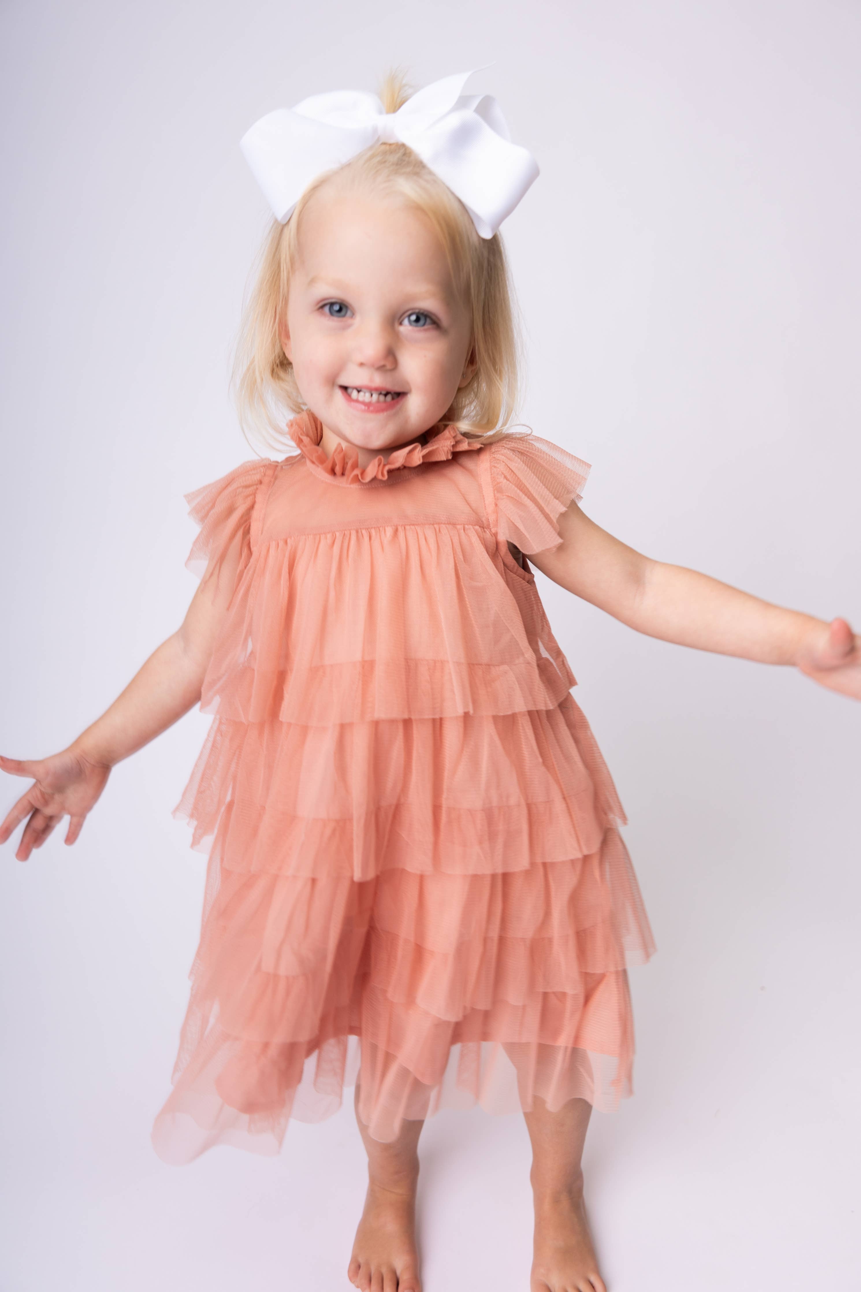 Dark Pink Tulle Solid Color Neck & Sleeve Ruffled Tiered Dre : Infant : Baby : Toddler : Tween : Kids