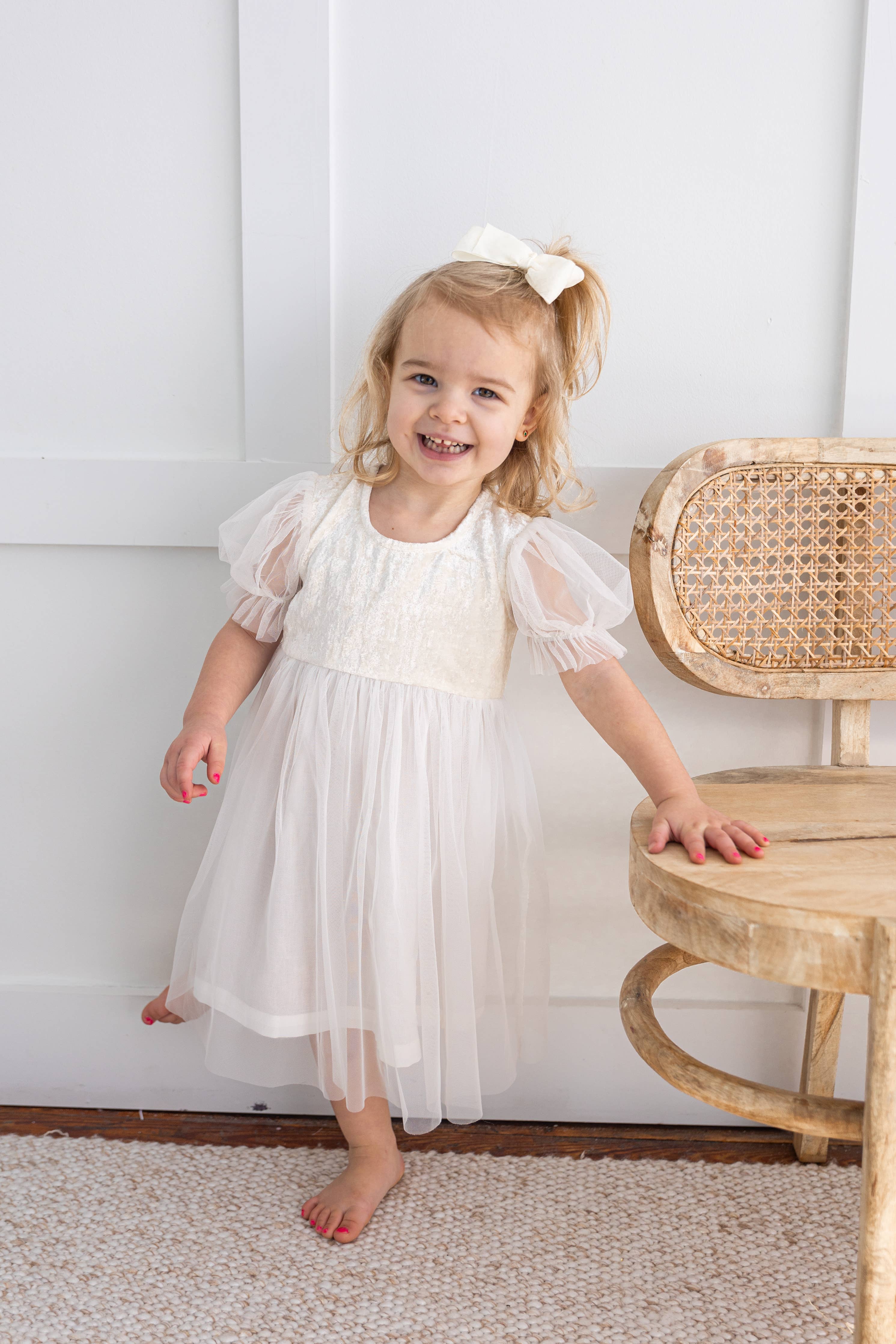 White Tulle & Velvet Puff Sleeves Gathered Dress : Infant : Baby : Toddler : Tween : Kids