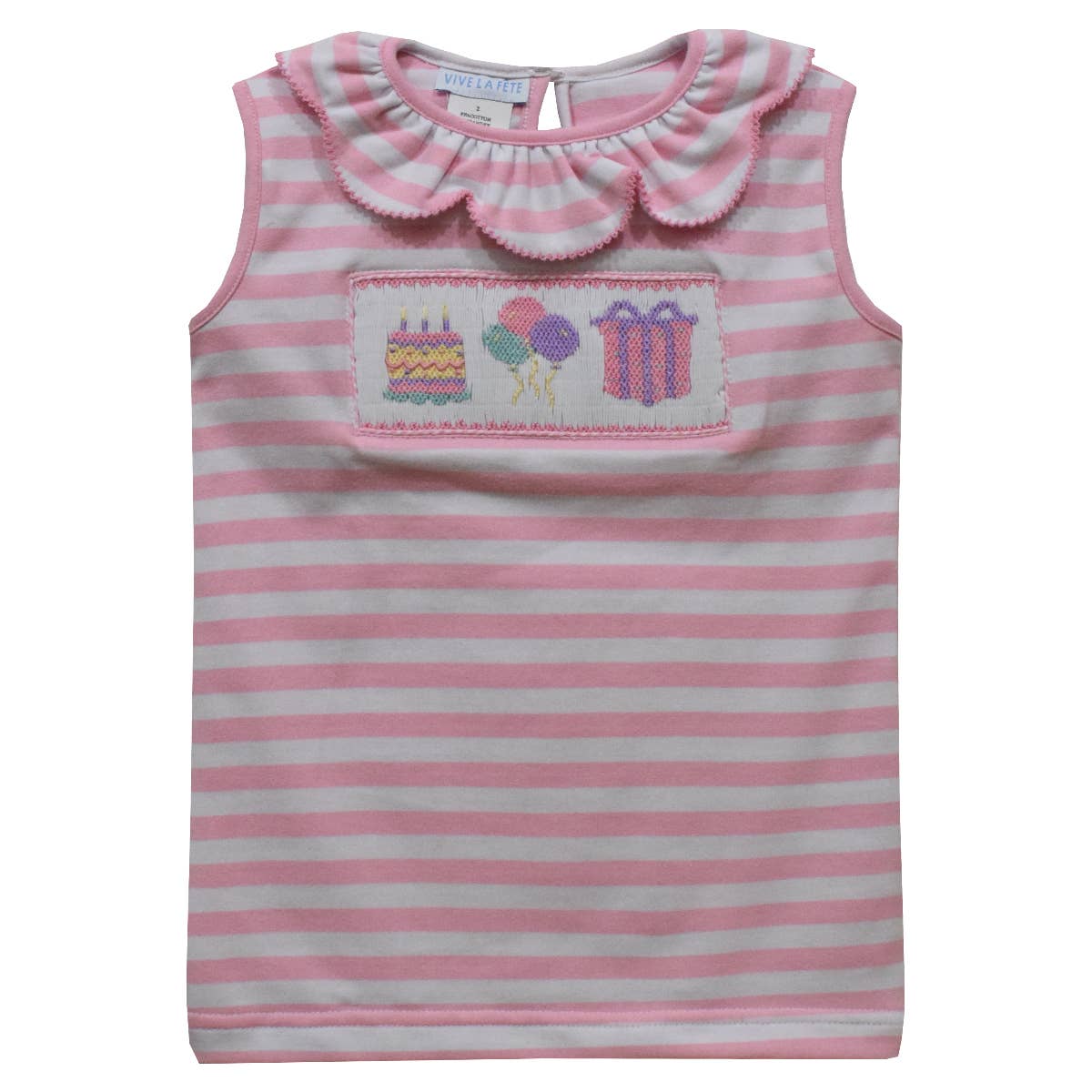 Birthday Smocked Pink Stripes Knit Scallop Ruffle Collar