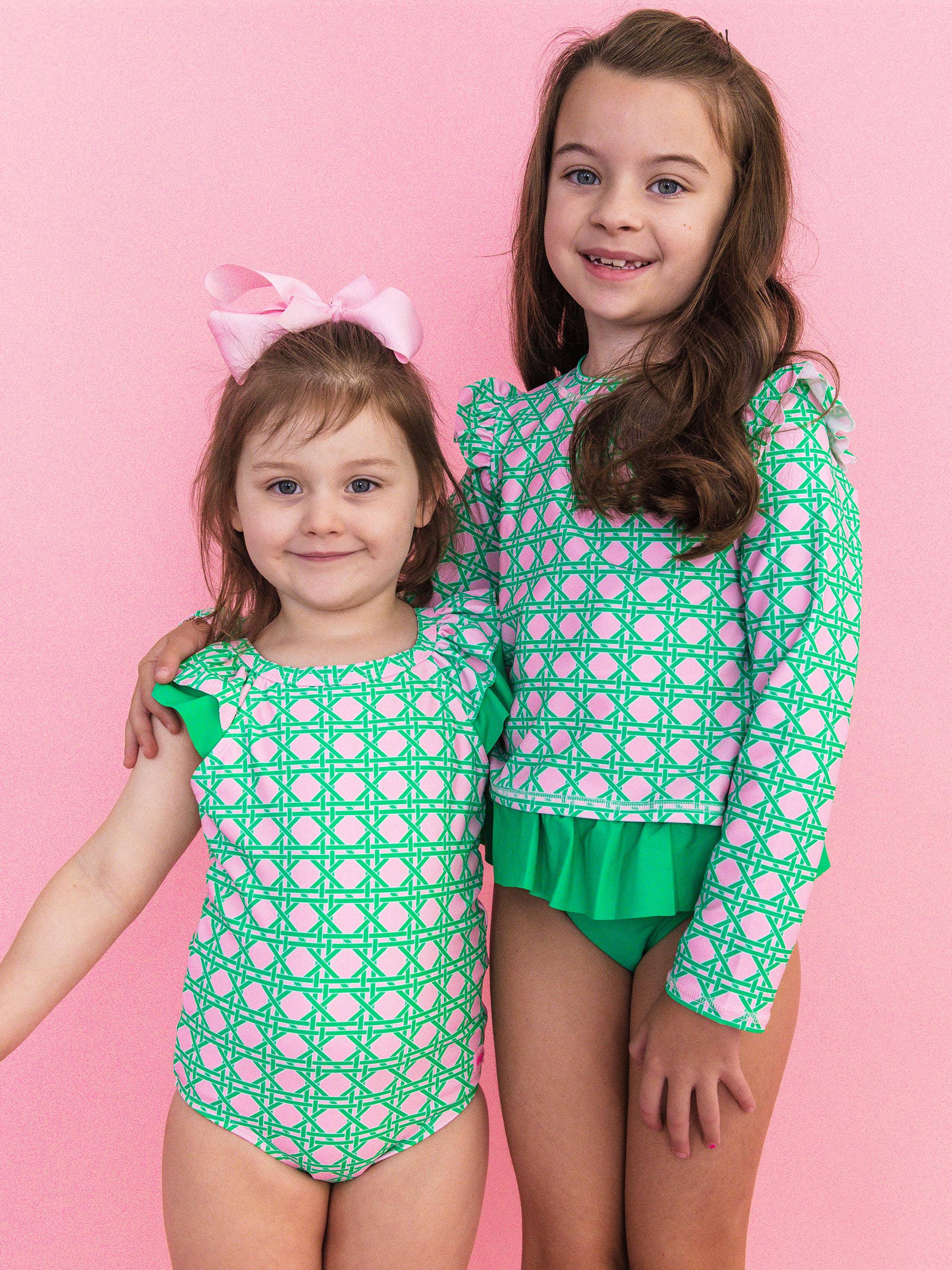 Girls Pink Coastal Cane Flutter Long Sleeve Rash Guard Skirted 2-Piece Swimsuit