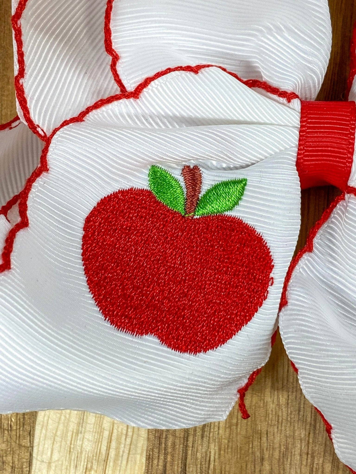 White Apple Embroidered Moonstitch Hair Bow | Clip or Headband