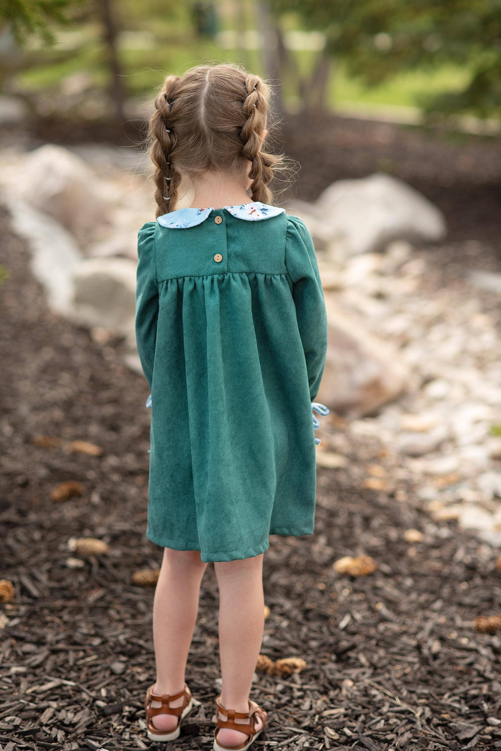 Kids Dark Teal Corduroy Pocket Bow Fall Winter Dress