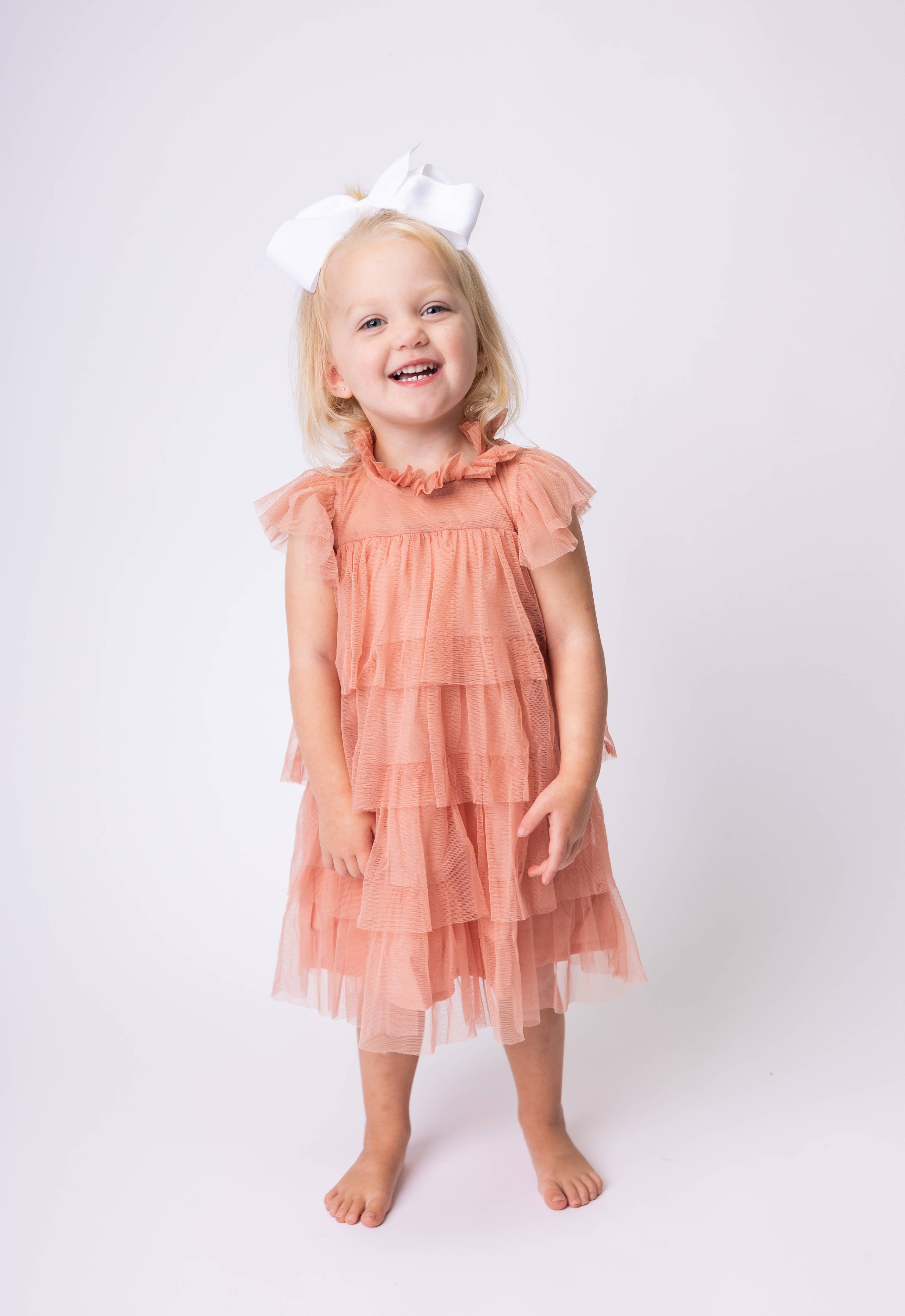 Dark Pink Tulle Solid Color Neck & Sleeve Ruffled Tiered Dre : Infant : Baby : Toddler : Tween : Kids
