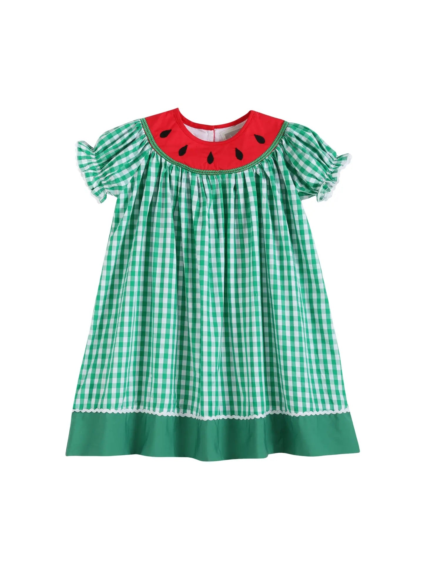 Green Gingham Watermelon Collar Bishop Dress